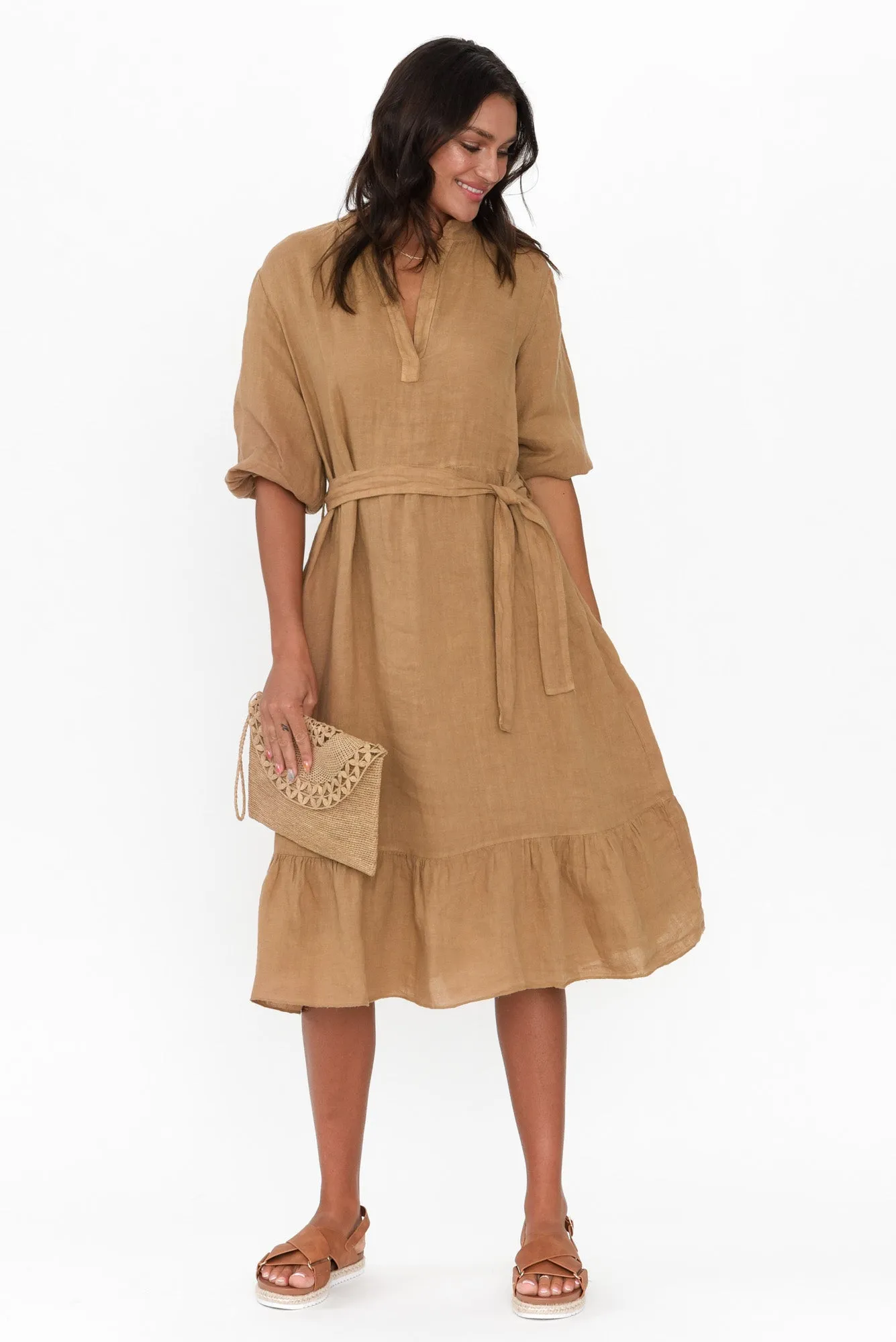 Mattea Camel Linen Ruffle Dress sold by Blue Bungalow product image thumbnail 3