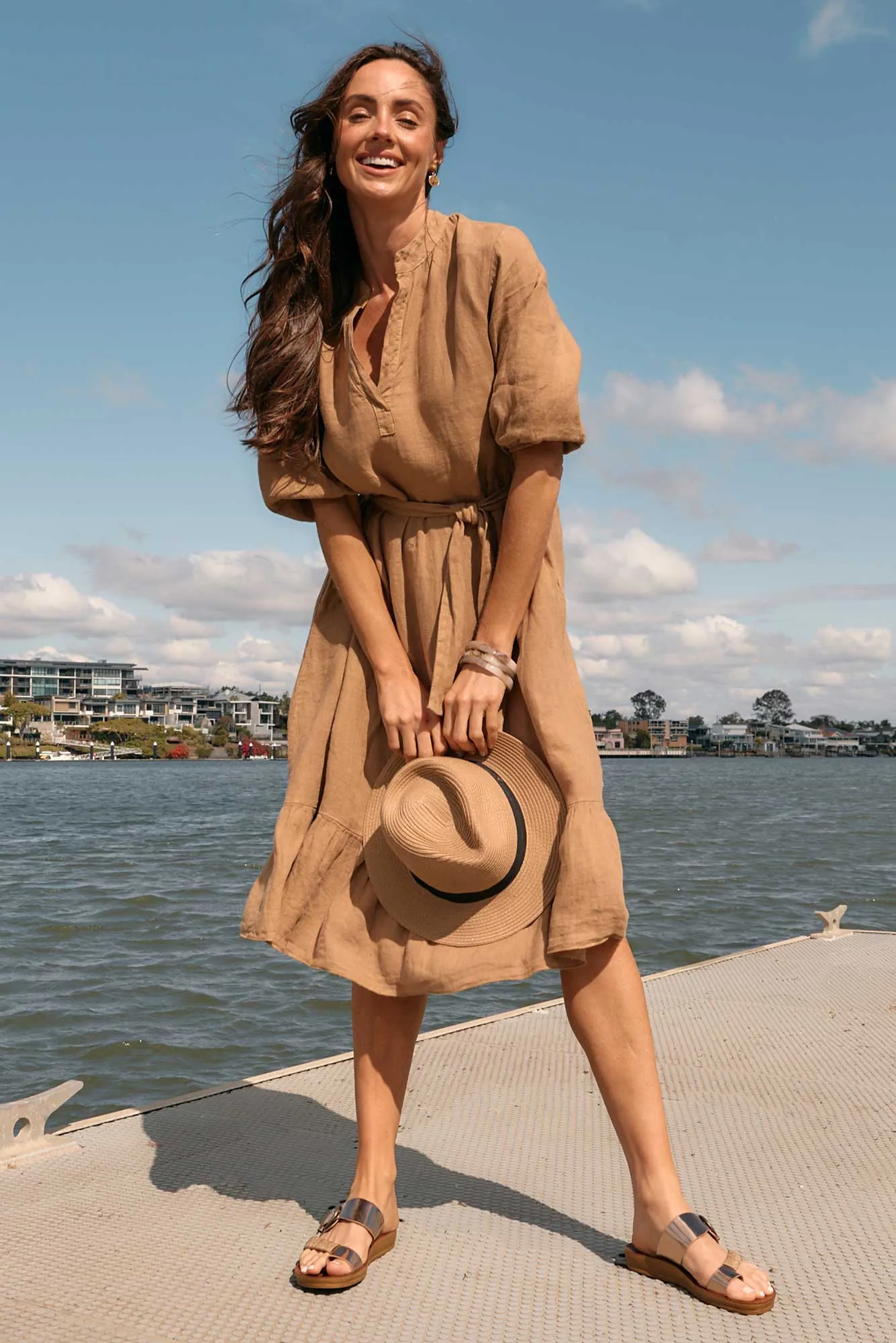 Mattea Camel Linen Ruffle Dress sold by Blue Bungalow