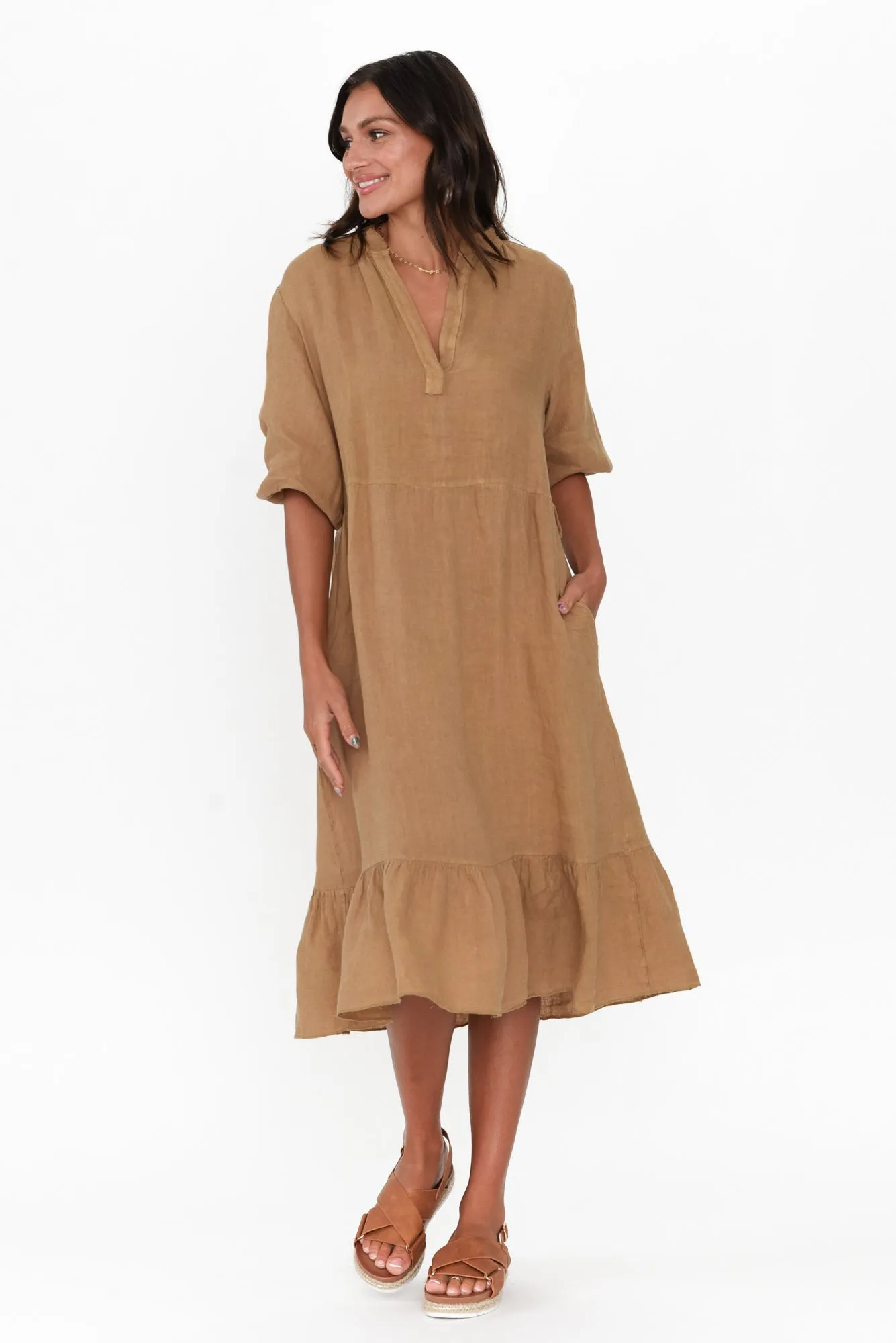 Mattea Camel Linen Ruffle Dress sold by Blue Bungalow product image thumbnail 2