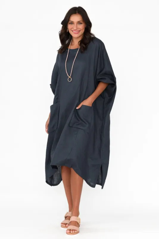Bradshaw Navy Linen Pocket Dress sold by Blue Bungalow