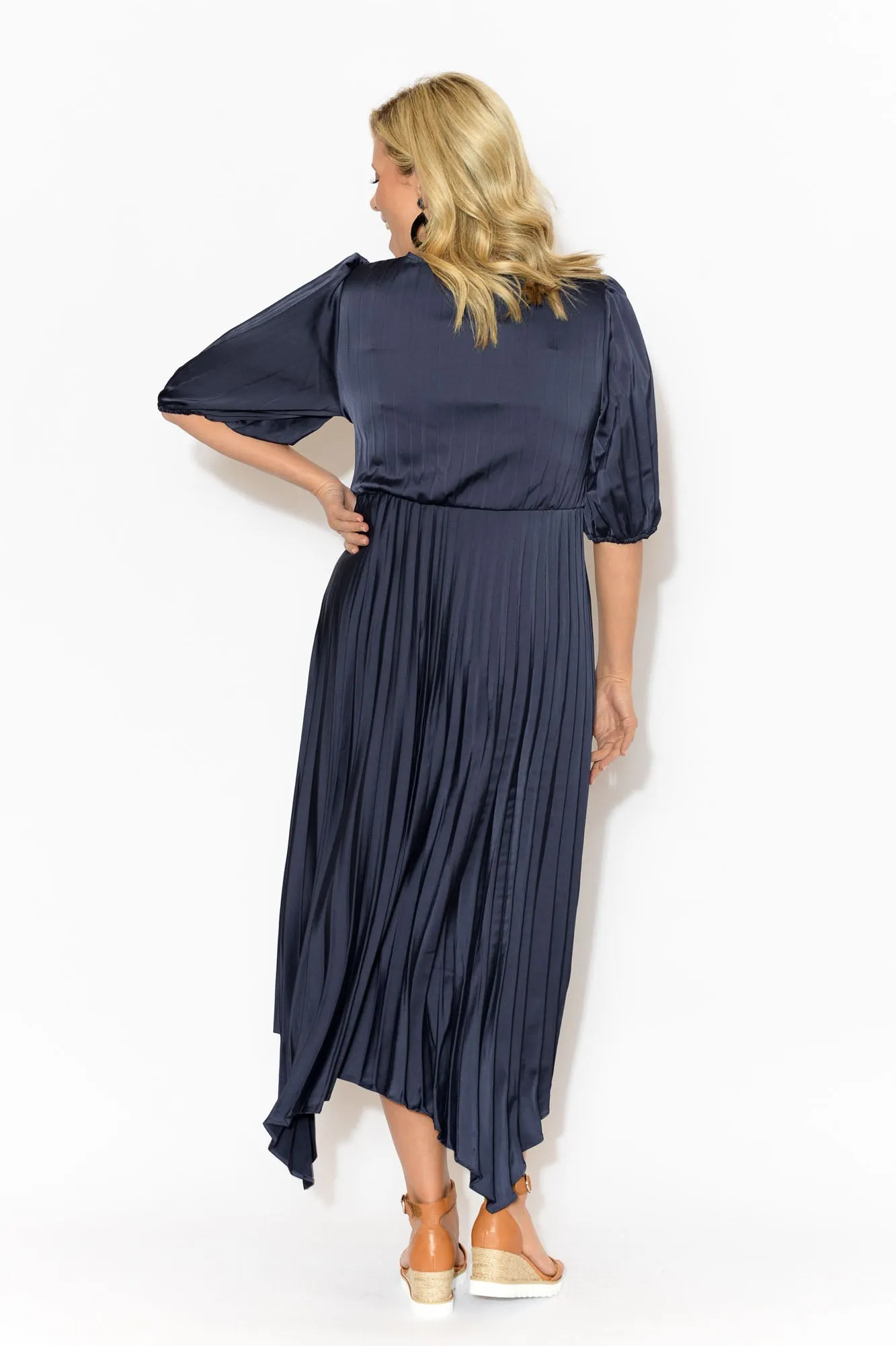 Allison Navy Pleated Midi Dress sold by Blue Bungalow product image thumbnail 4
