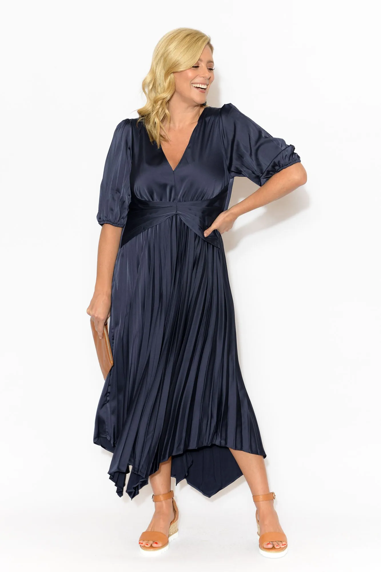 Allison Navy Pleated Midi Dress sold by Blue Bungalow product image thumbnail 2