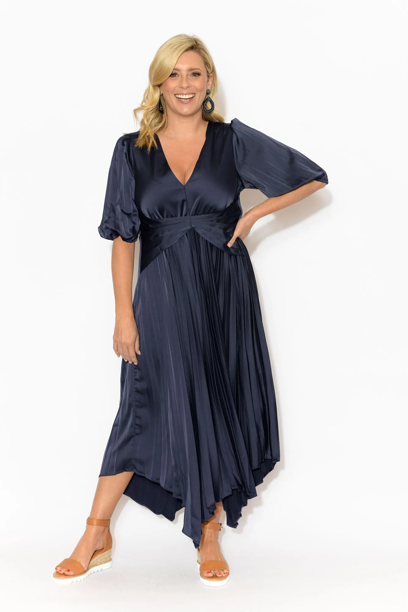 Allison Navy Pleated Midi Dress sold by Blue Bungalow