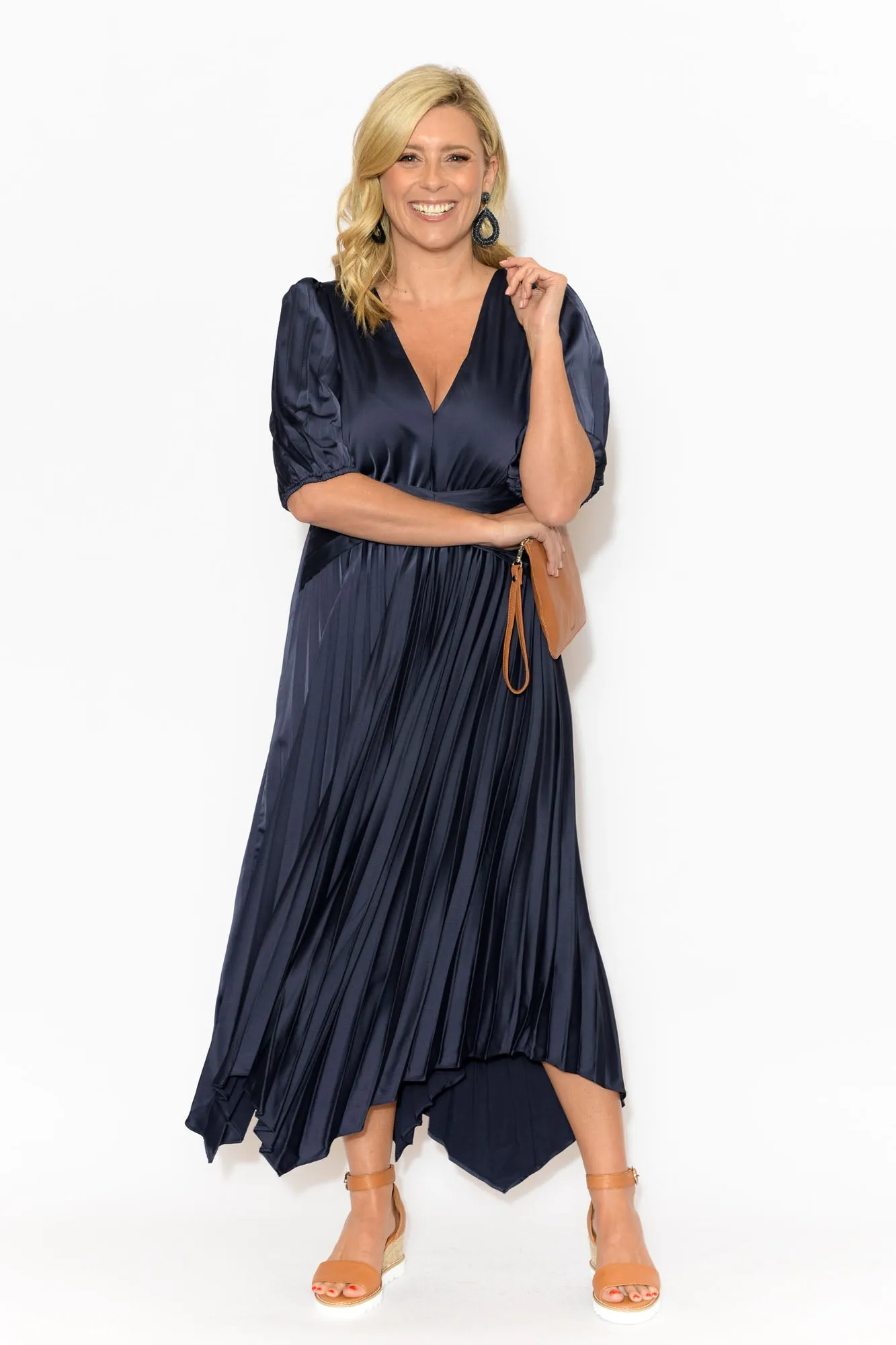 Allison Navy Pleated Midi Dress sold by Blue Bungalow product image thumbnail 5