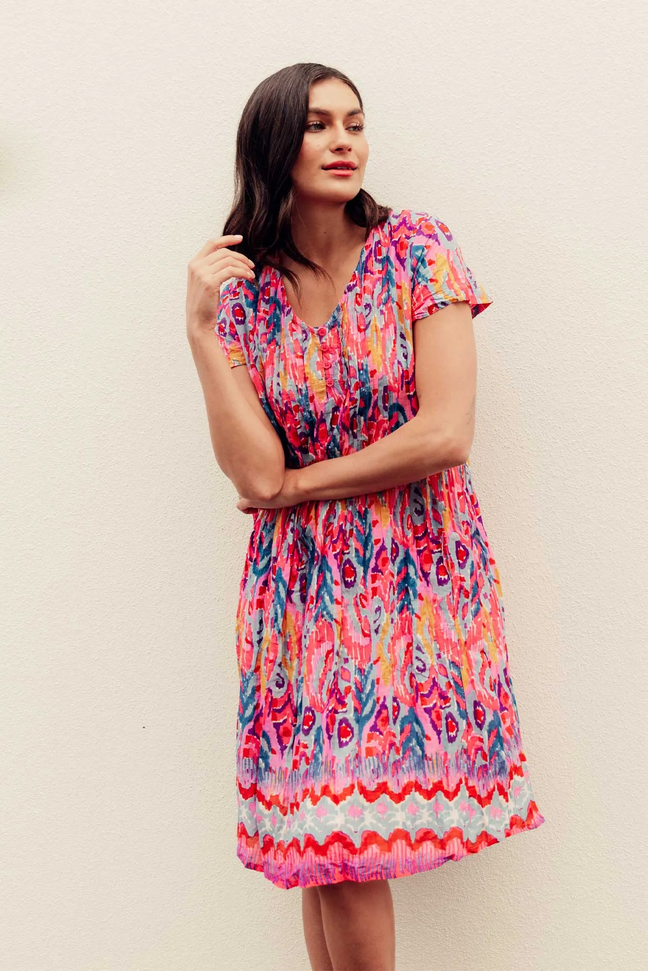 Sabina Pink Motif Crinkle Cotton Dress sold by Blue Bungalow