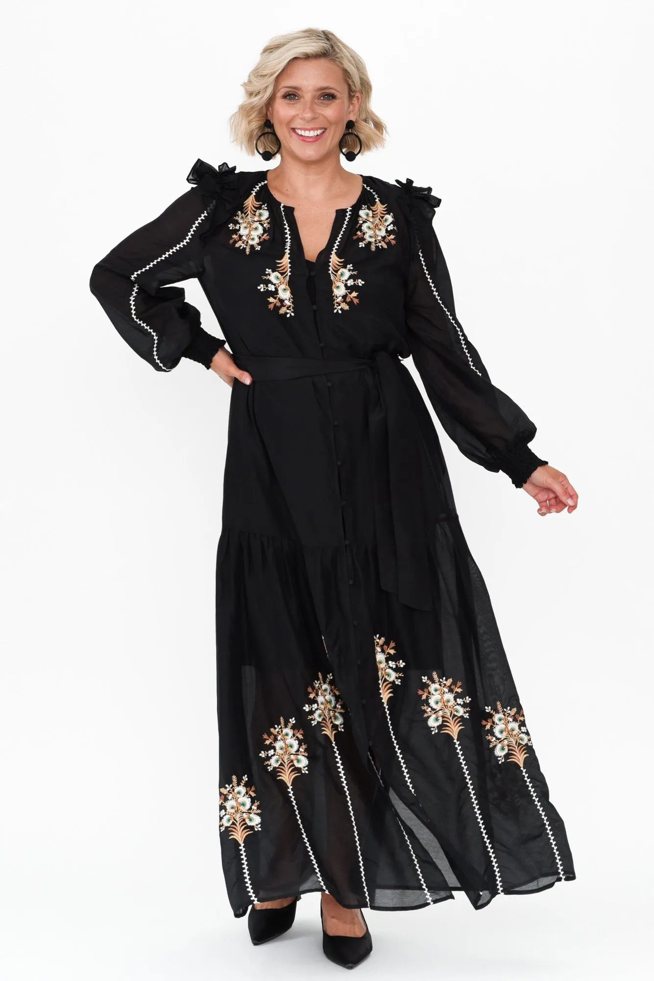 Aquila Black Embroidered Cotton Silk Dress sold by Blue Bungalow