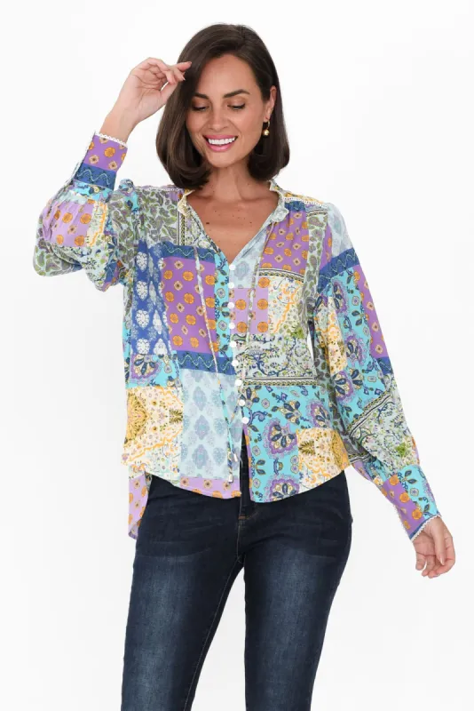 Sidra Blue Mosaic Button Blouse sold by Blue Bungalow