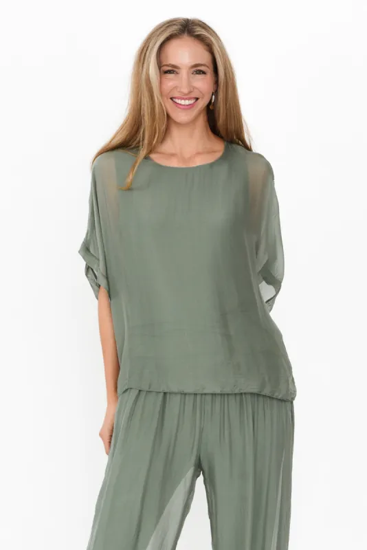 Alula Khaki Silk Sequin Layer Top sold by Blue Bungalow