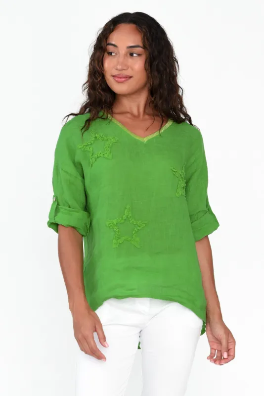 Leonora Green Star Linen Top sold by Blue Bungalow