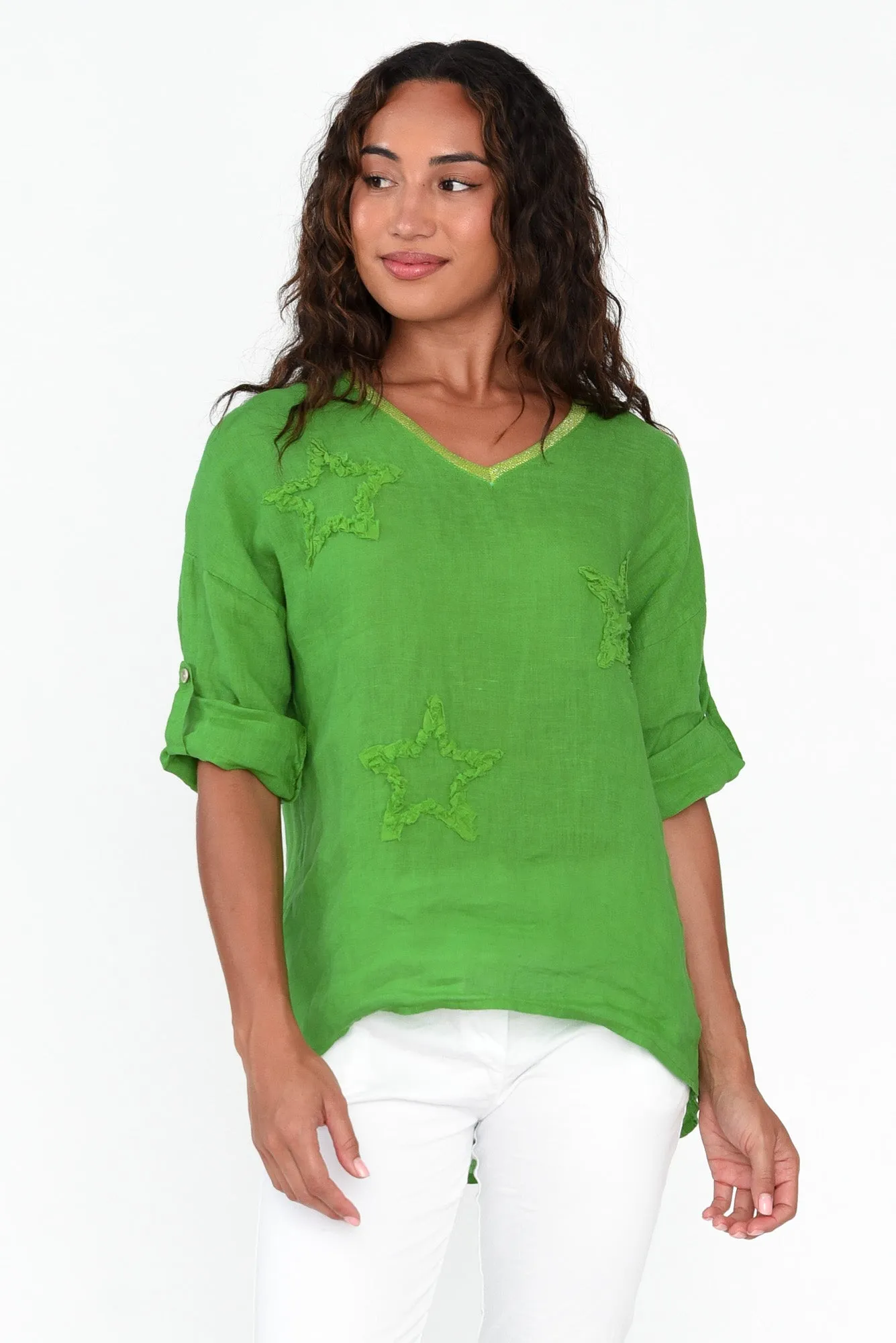Leonora Green Star Linen Top sold by Blue Bungalow