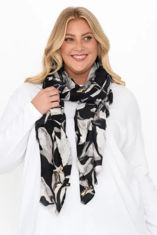 Bev Black Leaf Scarf sold by Blue Bungalow