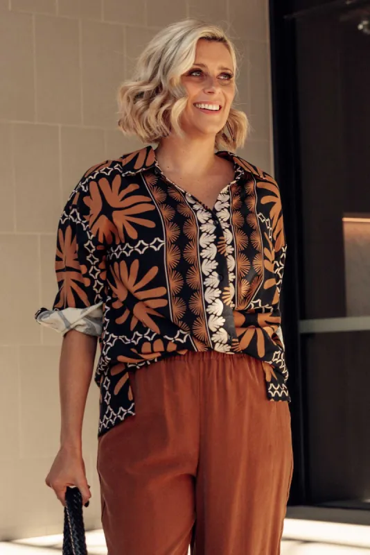 Silia Brown Geo Linen Blend Shirt sold by Blue Bungalow