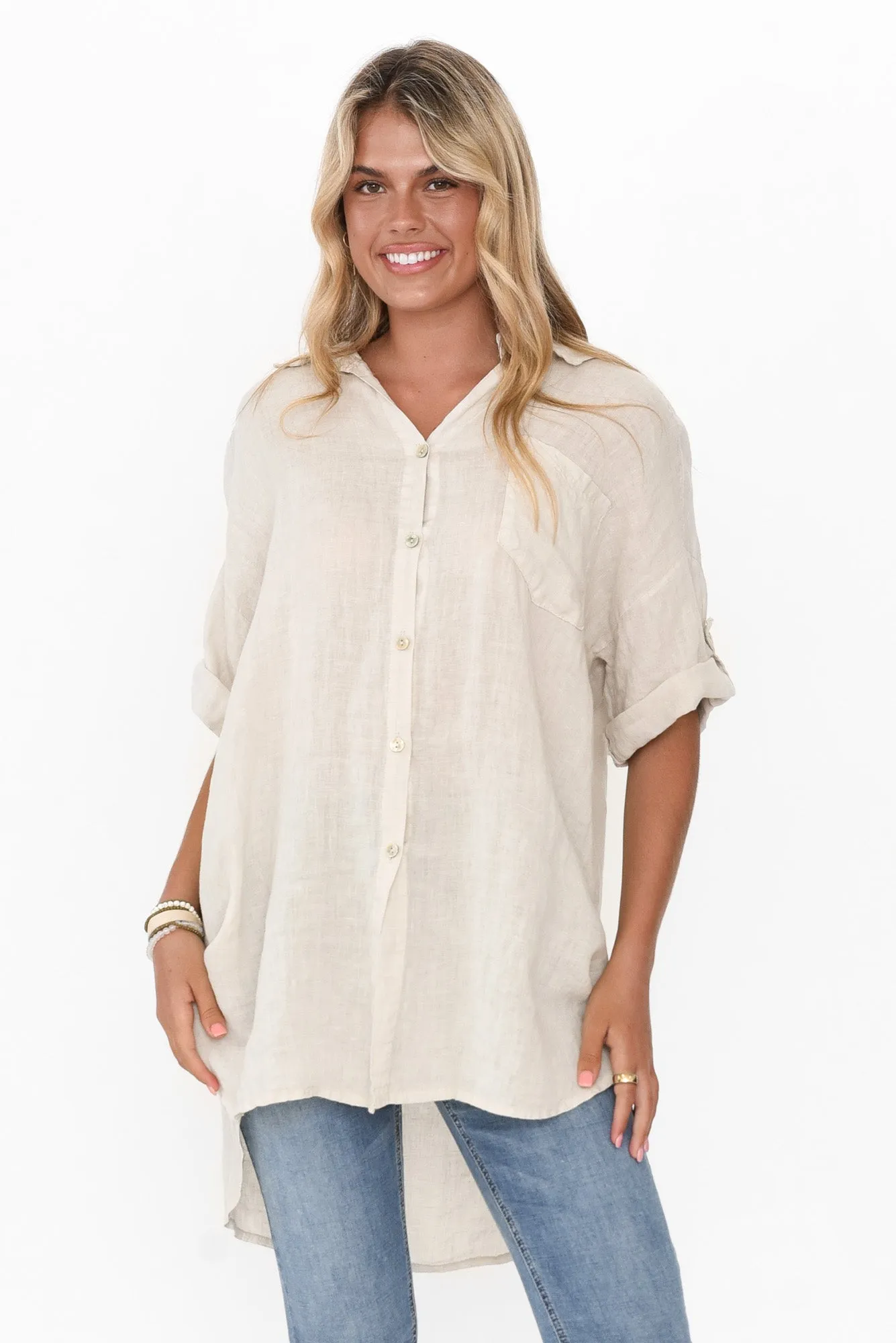 Kakadu Beige Linen Button Shirt sold by Blue Bungalow