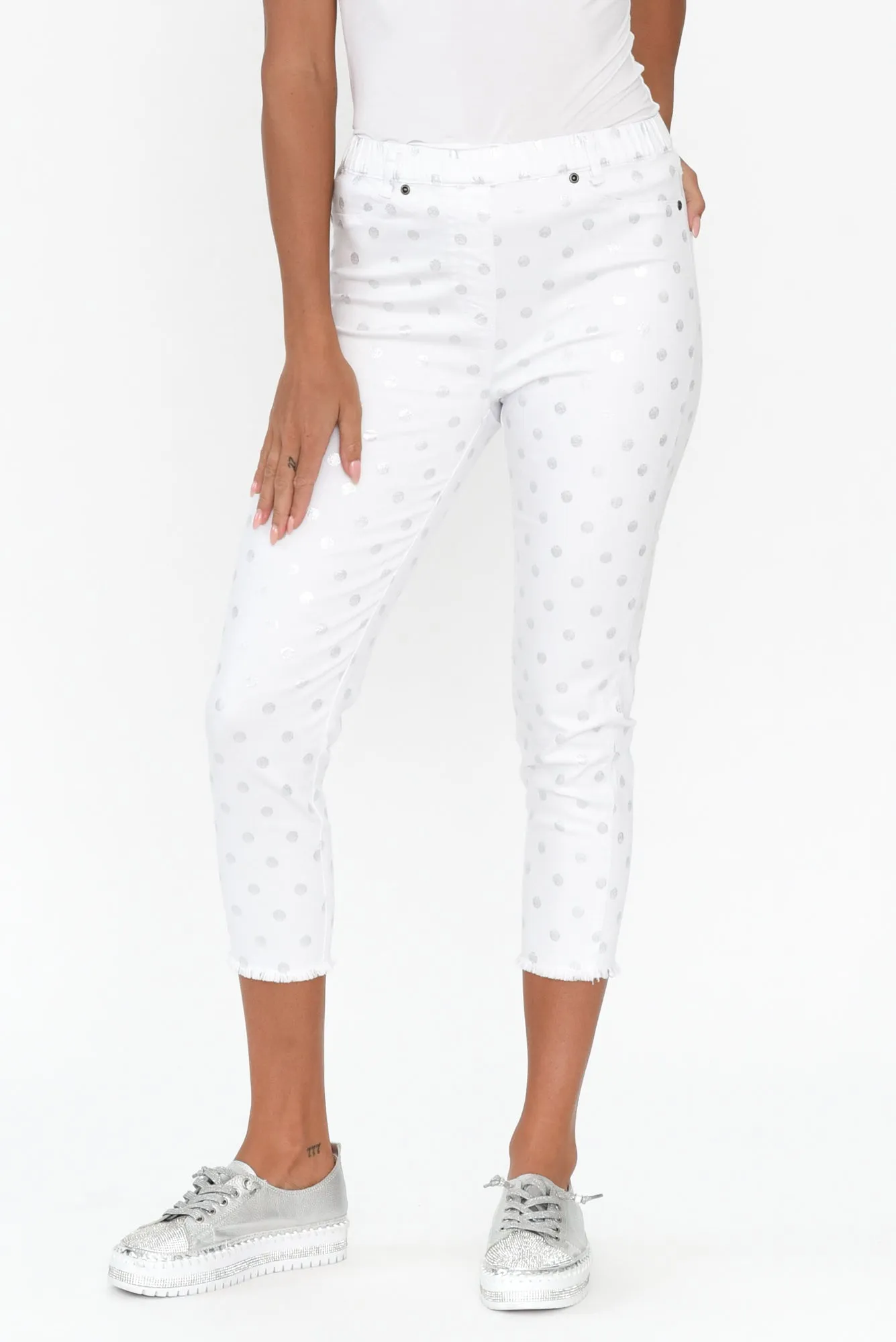 Reed White Foil Spot Cotton Capri Pants sold by Blue Bungalow