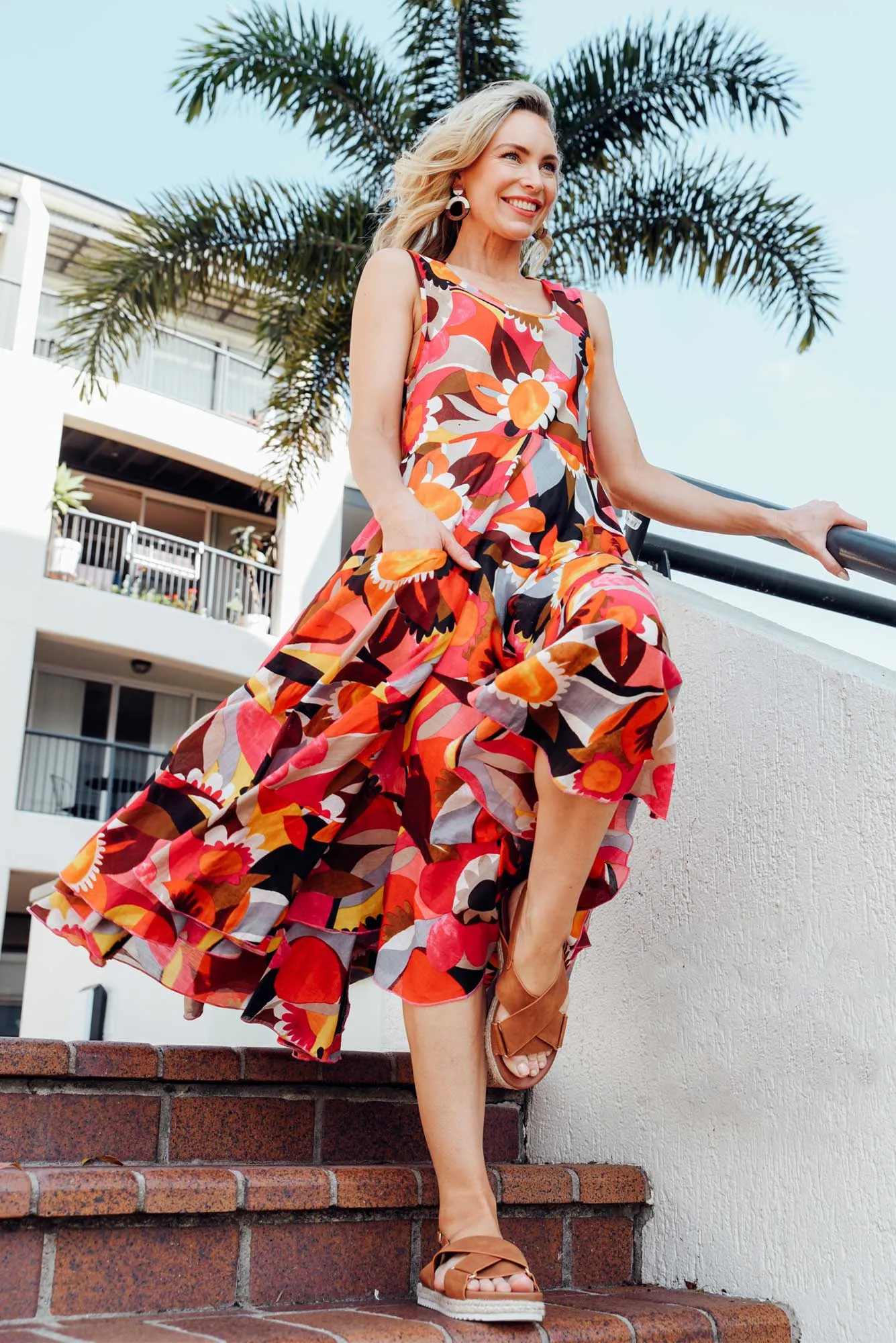 Daydream Pink Abstract Cotton Midi Dress sold by Blue Bungalow