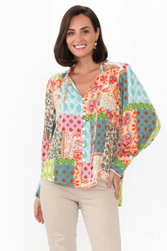 Sidra Yellow Mosaic Button Blouse sold by Blue Bungalow