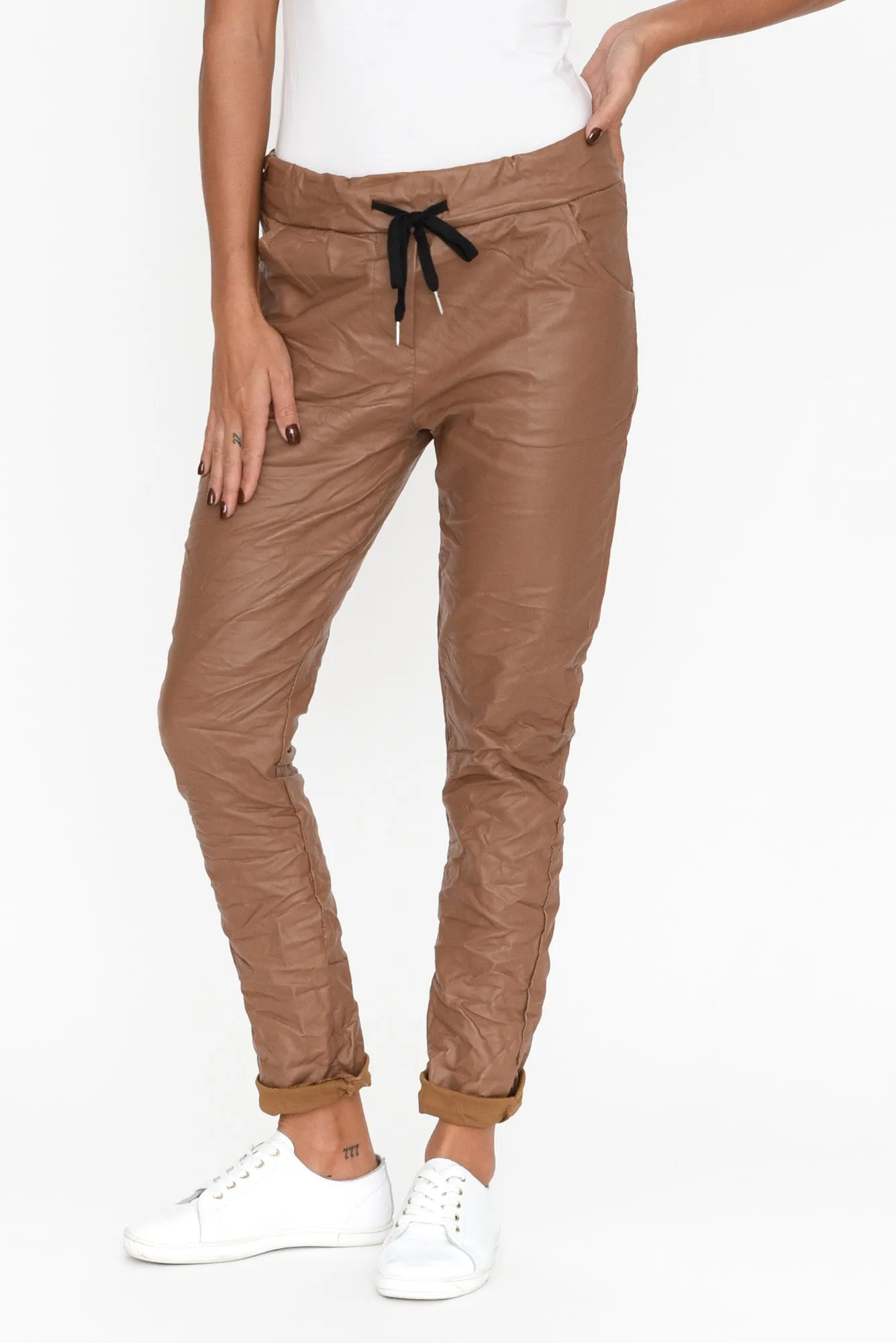 Munich Tan Wet Look Stretch Pants sold by Blue Bungalow