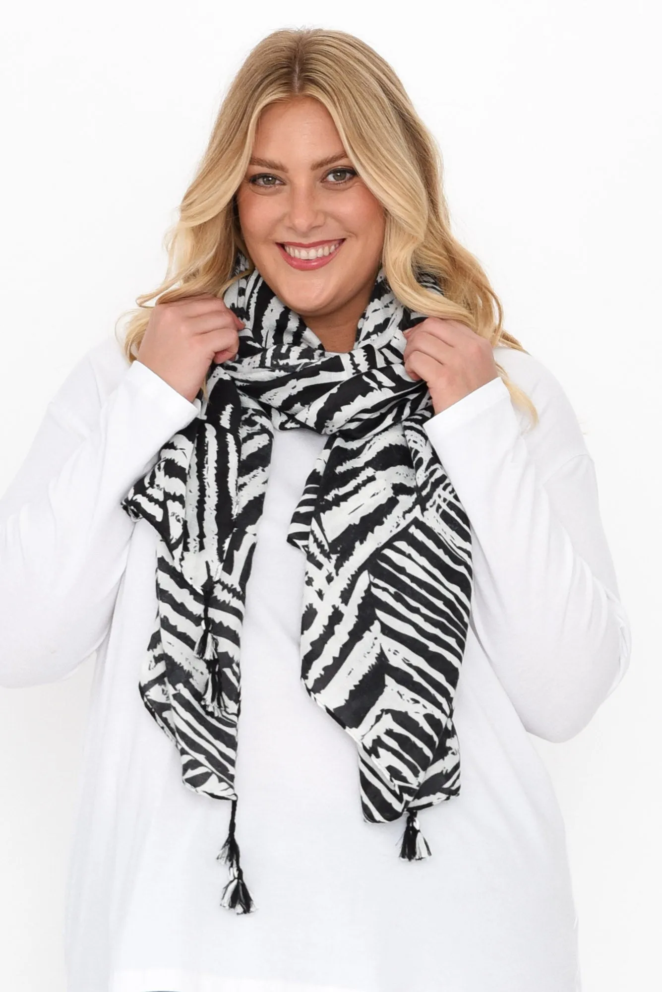 Cam Black Zebra Tassel Scarf sold by Blue Bungalow