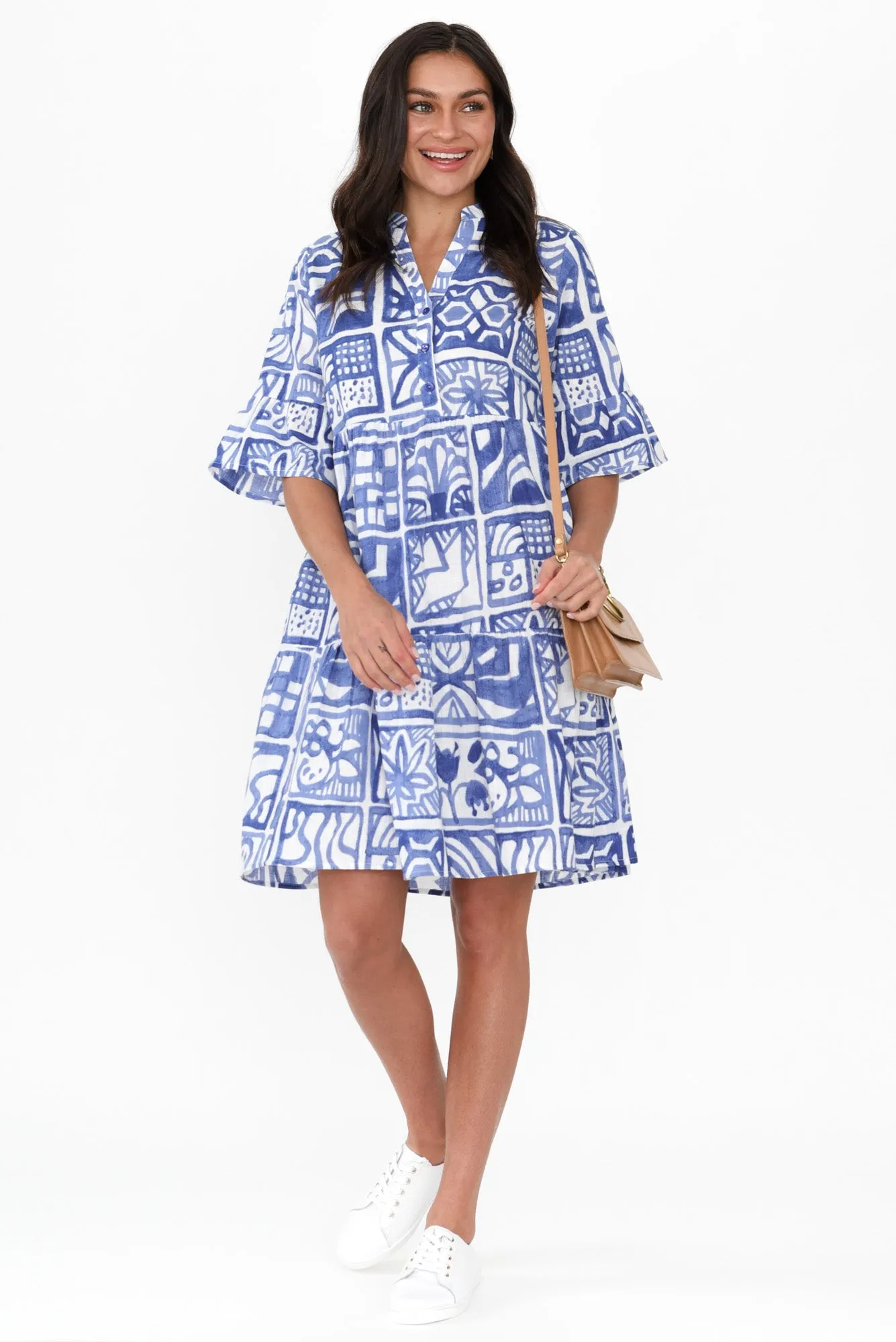 Senna Blue Mosaic Cotton Dress sold by Blue Bungalow