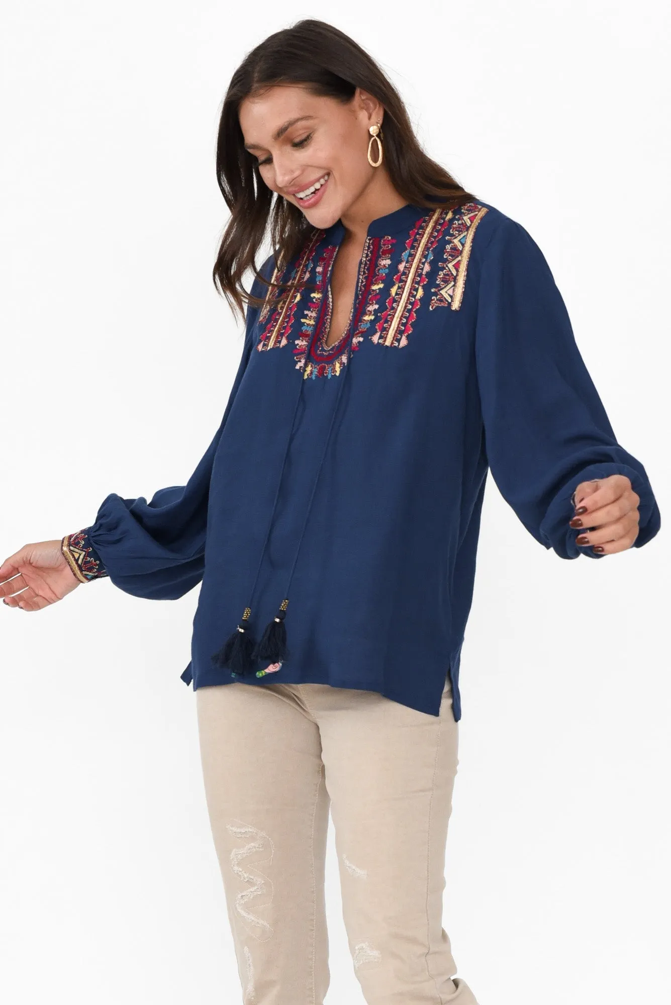 Eldrick Navy Aztec Tassel Top sold by Blue Bungalow