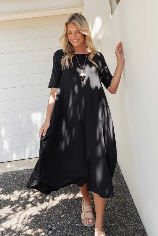 Black Micro Modal Tri Drape Dress sold by Blue Bungalow