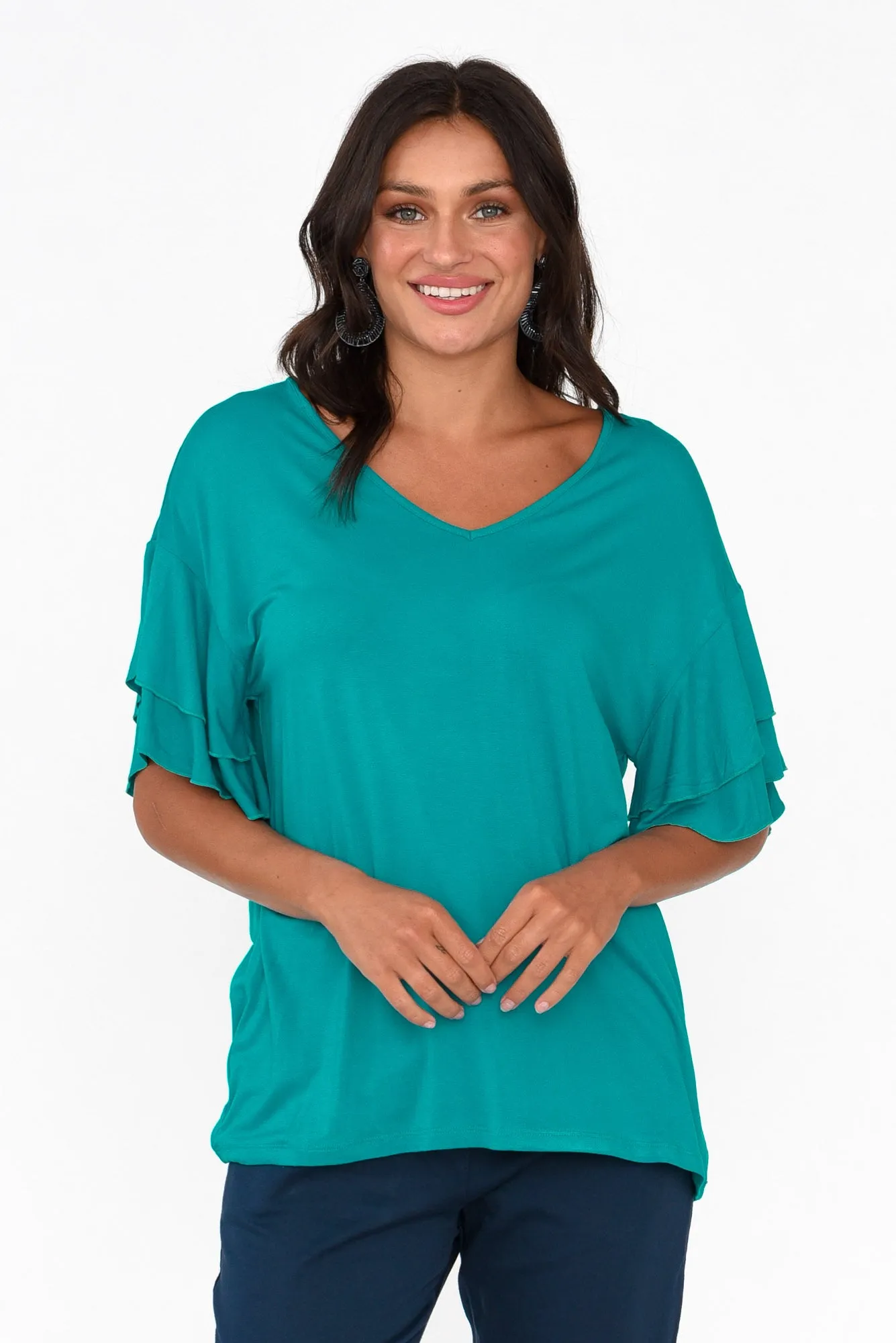 Ripon Blue Lagoon Frill Sleeve Top sold by Blue Bungalow