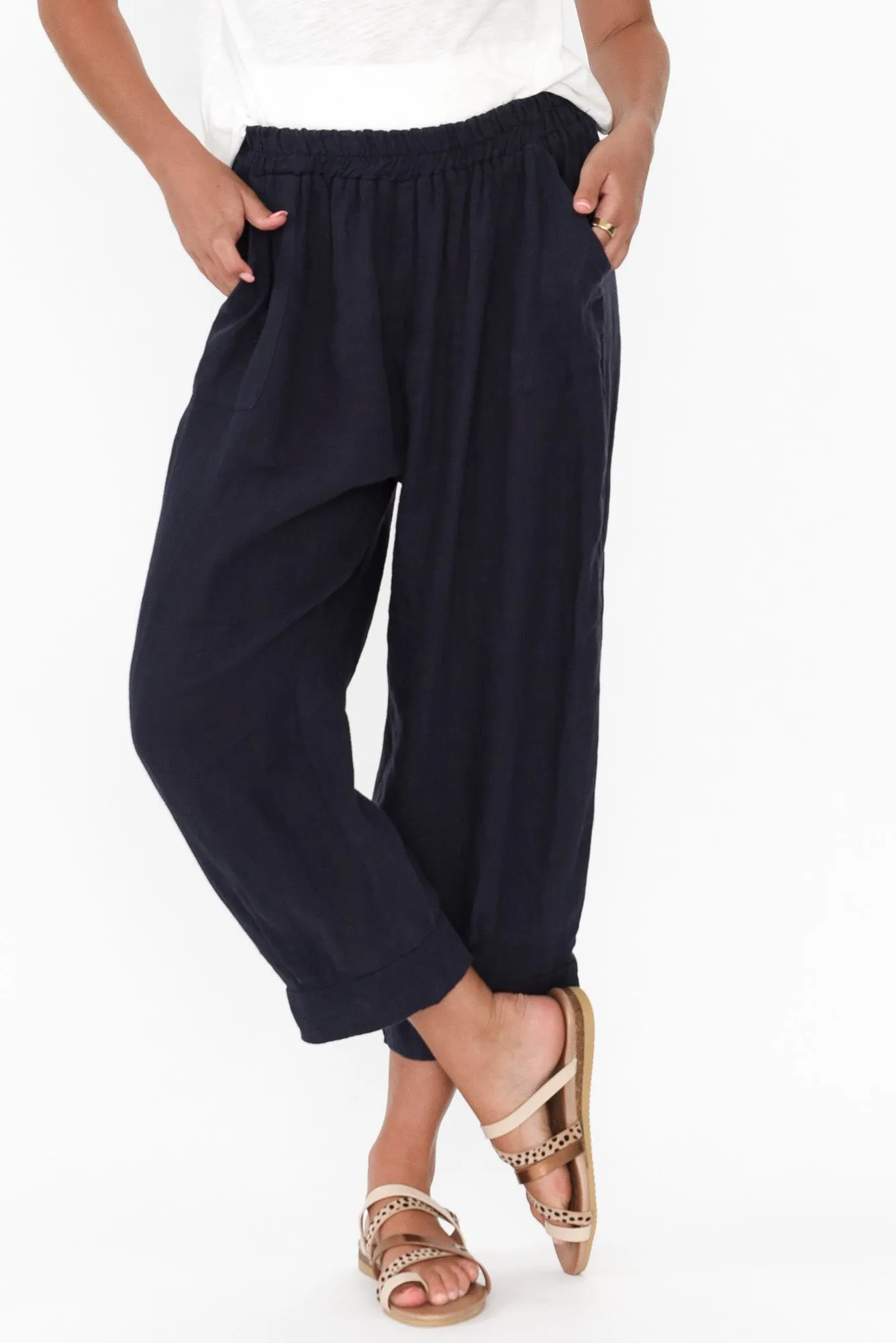 Elide Navy Linen Cropped Pants sold by Blue Bungalow