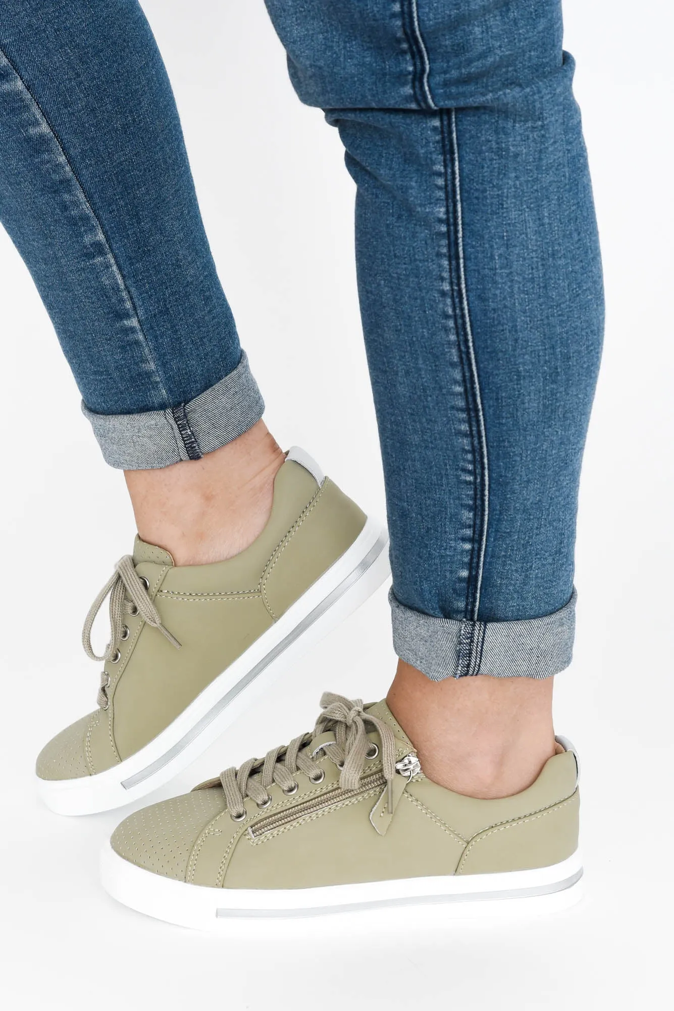 Kiki Khaki Leather Zip Sneaker sold by Blue Bungalow