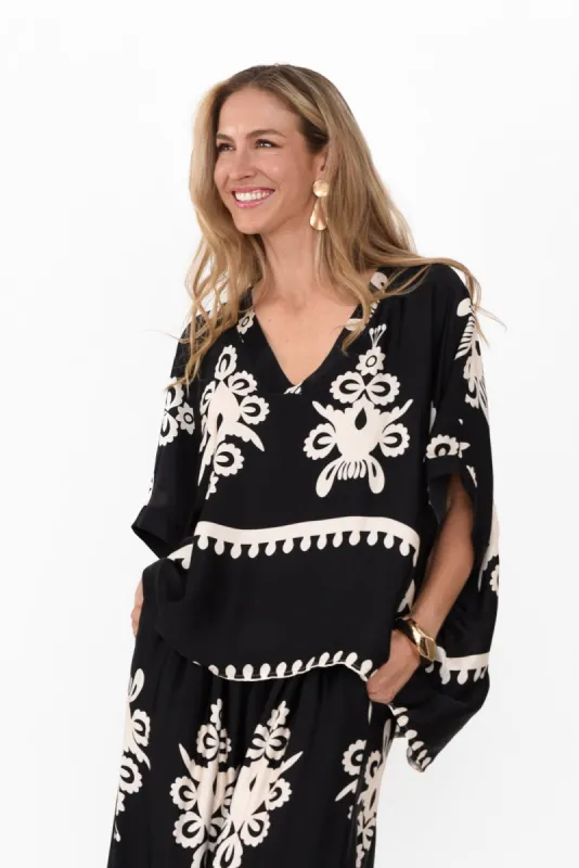 Prias Black Abstract Silk Blend Top sold by Blue Bungalow