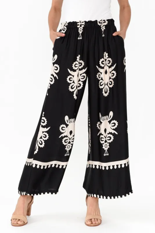 Kestrel Black Abstract Silk Blend Pants sold by Blue Bungalow