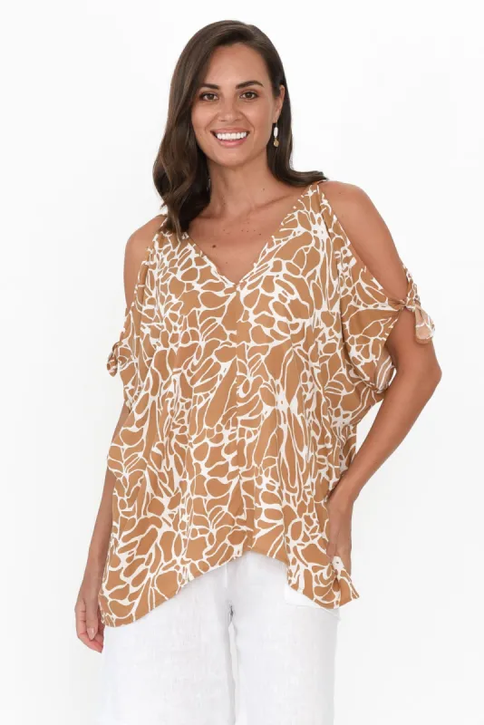 Avalee Tan Abstract Cold Shoulder Top sold by Blue Bungalow