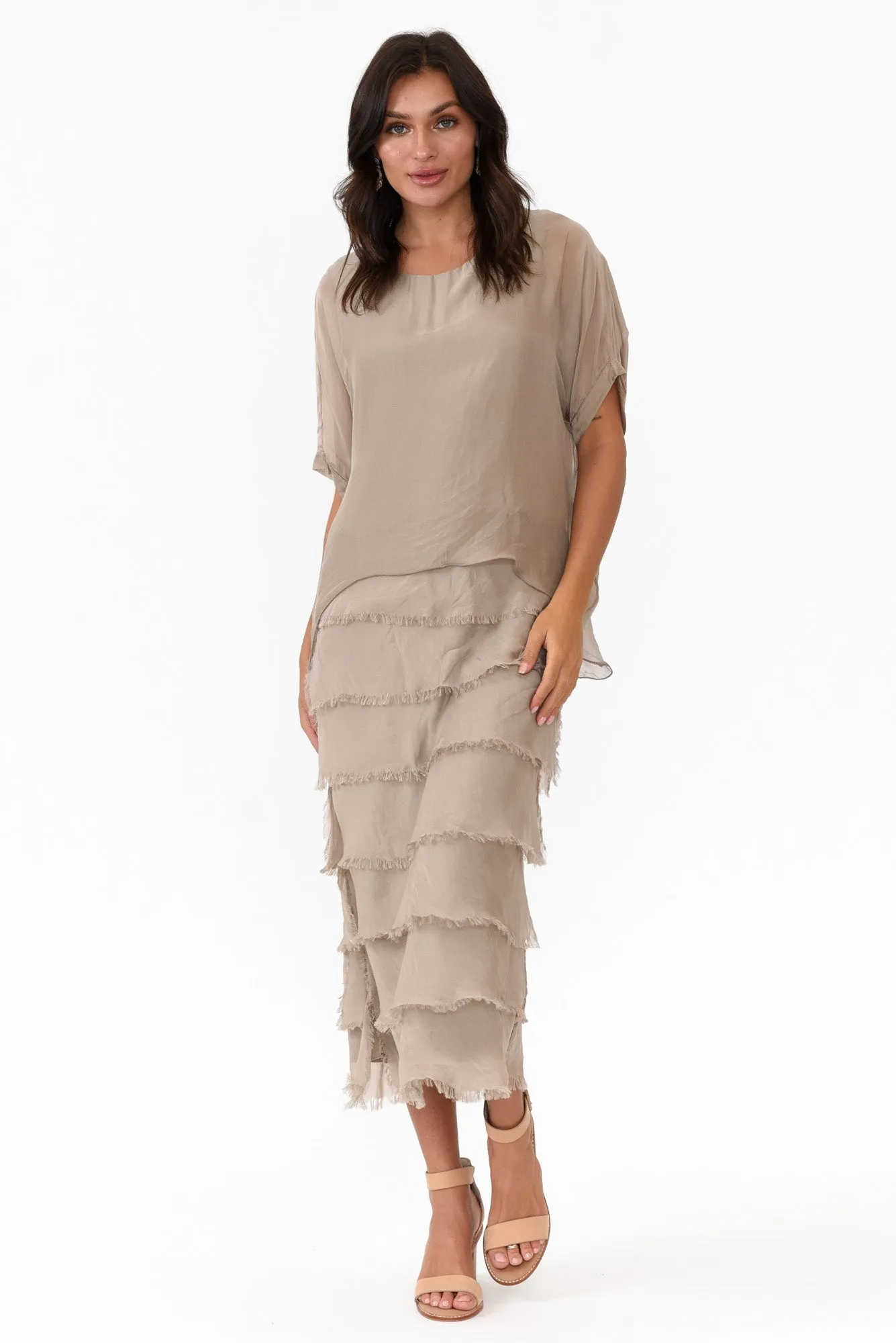 Katerina Taupe Silk Overlay Maxi Dress sold by Blue Bungalow