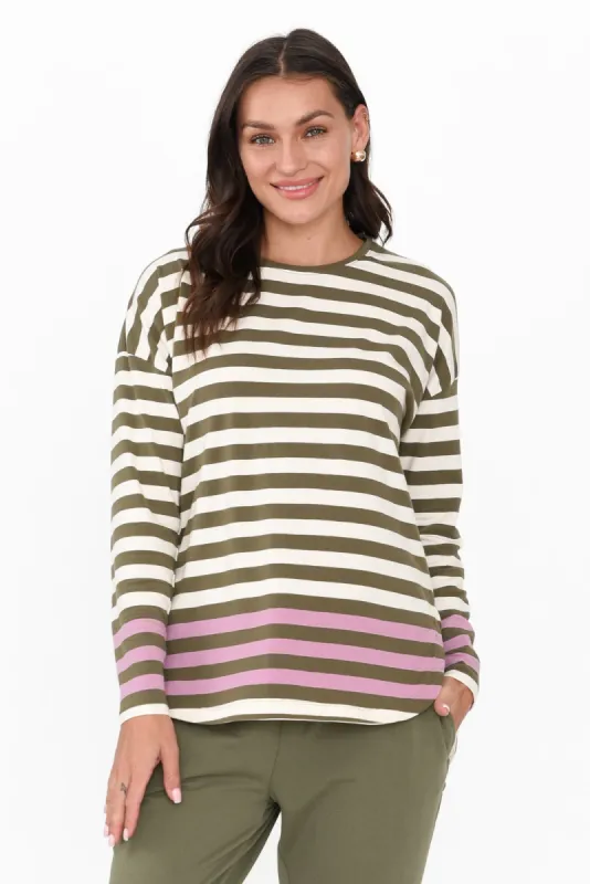 Turn Back Green Stripe Cotton Sleeved Tee sold by Blue Bungalow