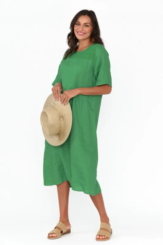 Lettice Green Broderie Linen Dress sold by Blue Bungalow
