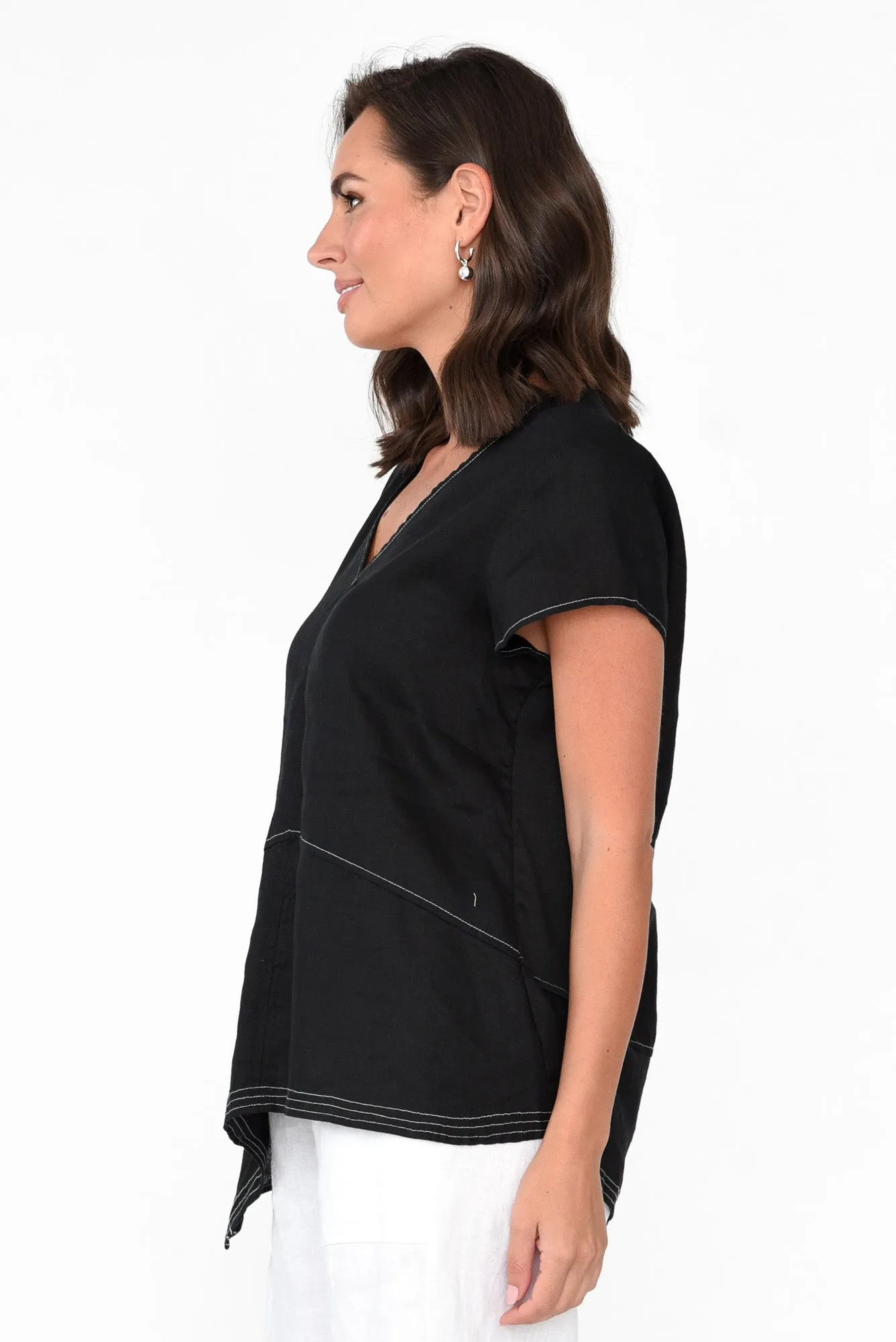 Lindy Black Linen V Neck Top sold by Blue Bungalow product image thumbnail 3