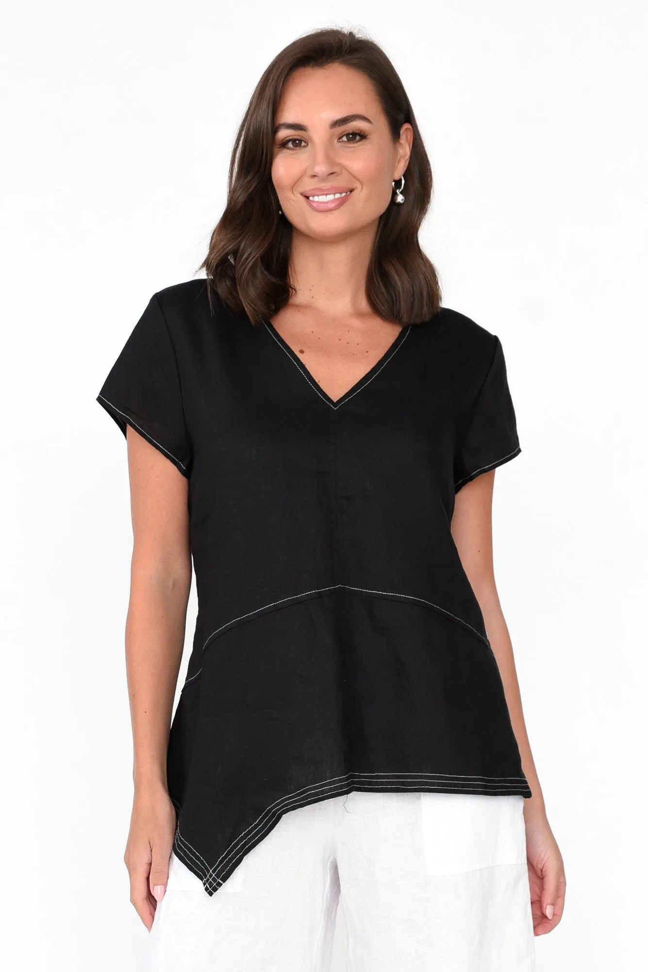 Lindy Black Linen V Neck Top sold by Blue Bungalow