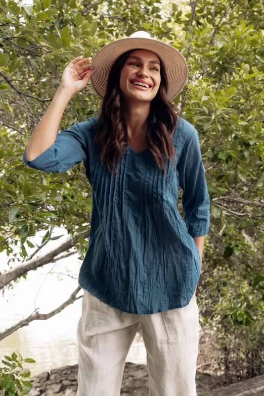 Fia Blue Sleeved Crinkle Cotton Top sold by Blue Bungalow