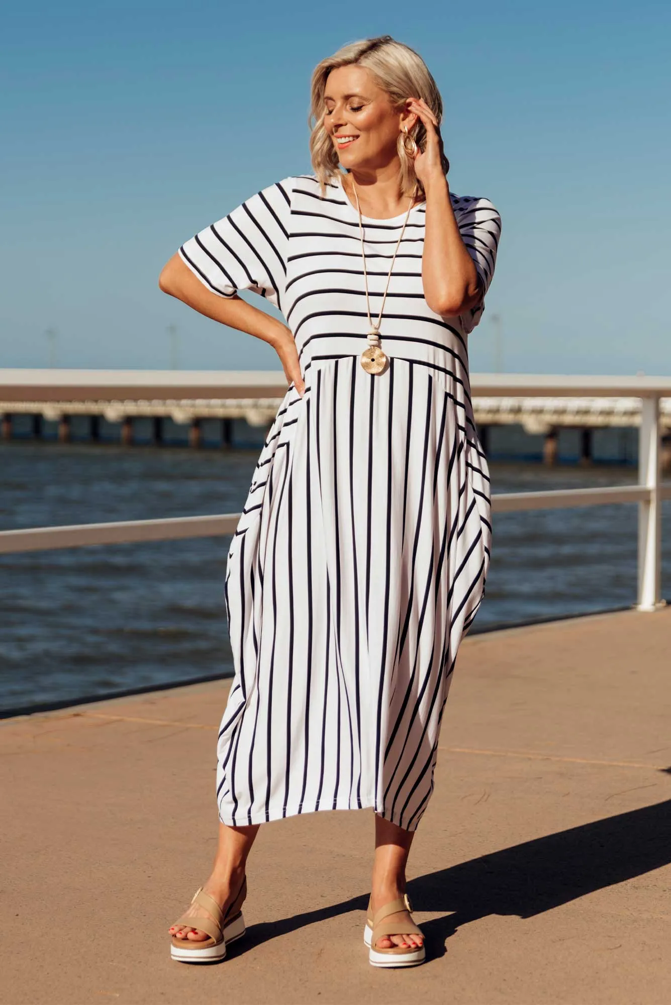 Samiya White Stripe Bamboo Dress sold by Blue Bungalow