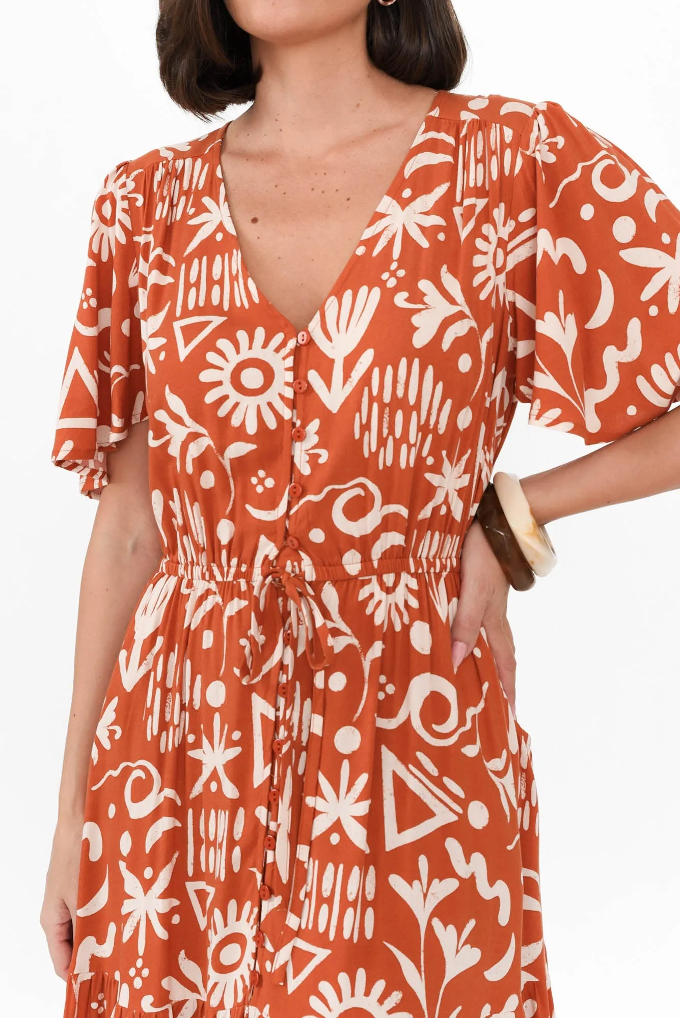 Barbara Rust Geo Flutter Sleeve Dress sold by Blue Bungalow product image thumbnail 5