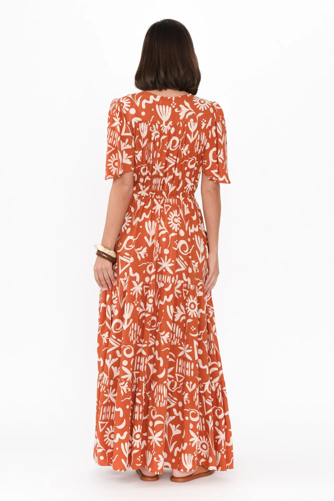 Barbara Rust Geo Flutter Sleeve Dress sold by Blue Bungalow product image thumbnail 4