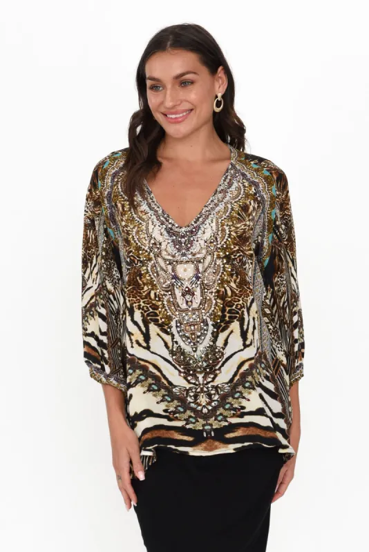 Brown Cheetah Silk Gypsy Top sold by Blue Bungalow