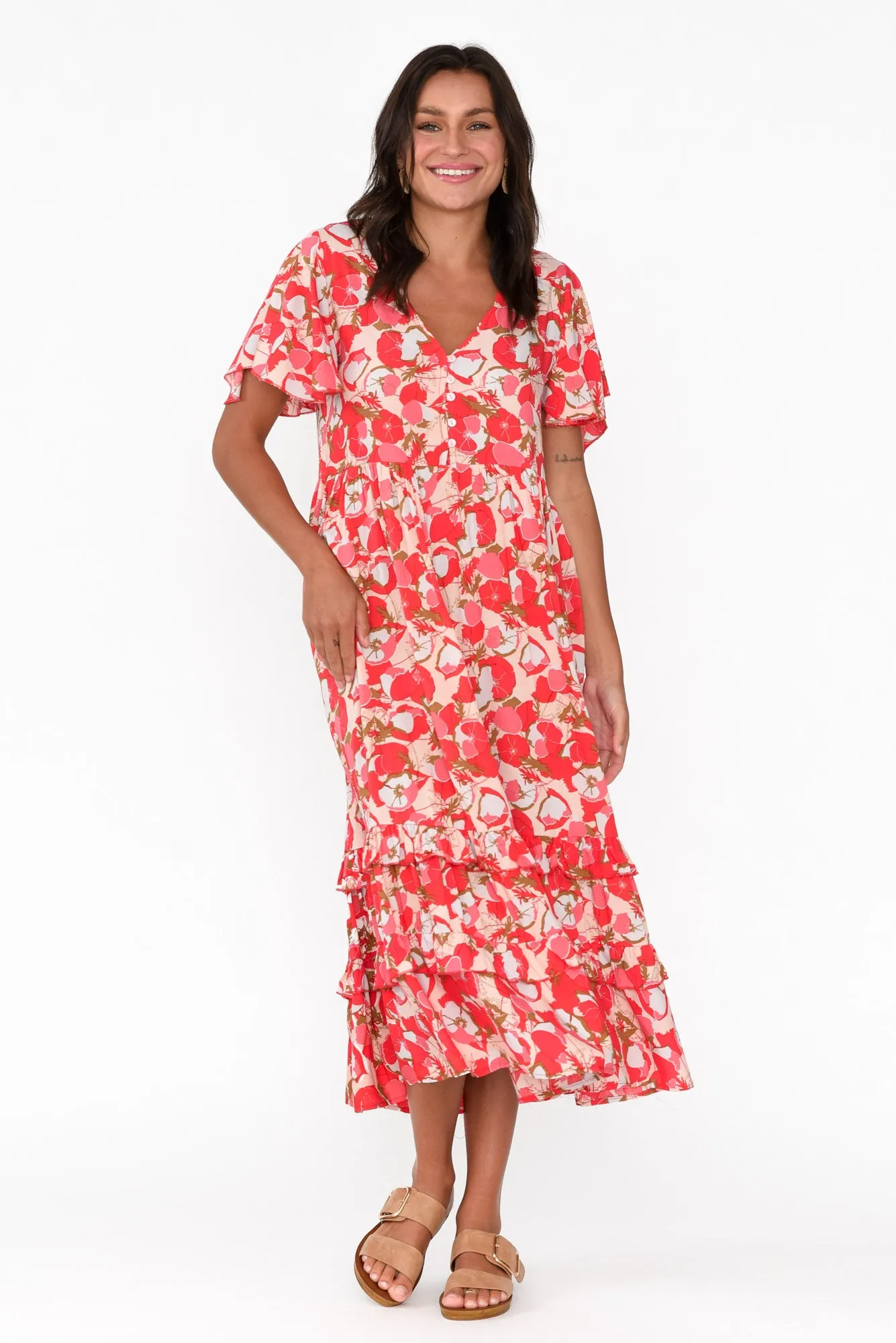 Akira Red Bloom Button Tier Dress sold by Blue Bungalow