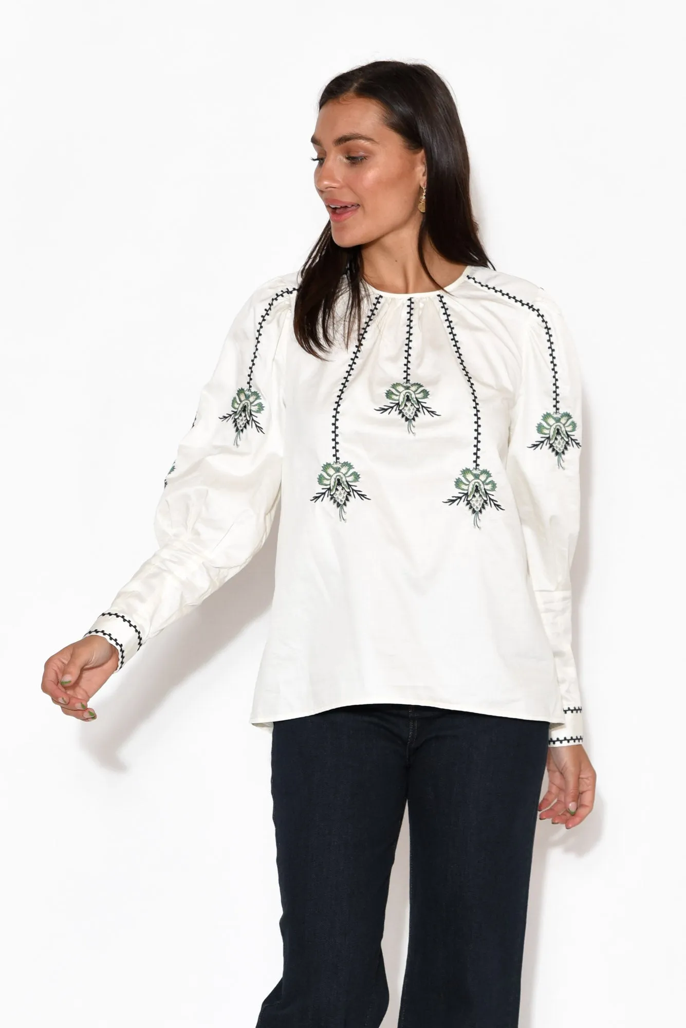Grove White Embroidered Bishop Sleeve Top sold by Blue Bungalow