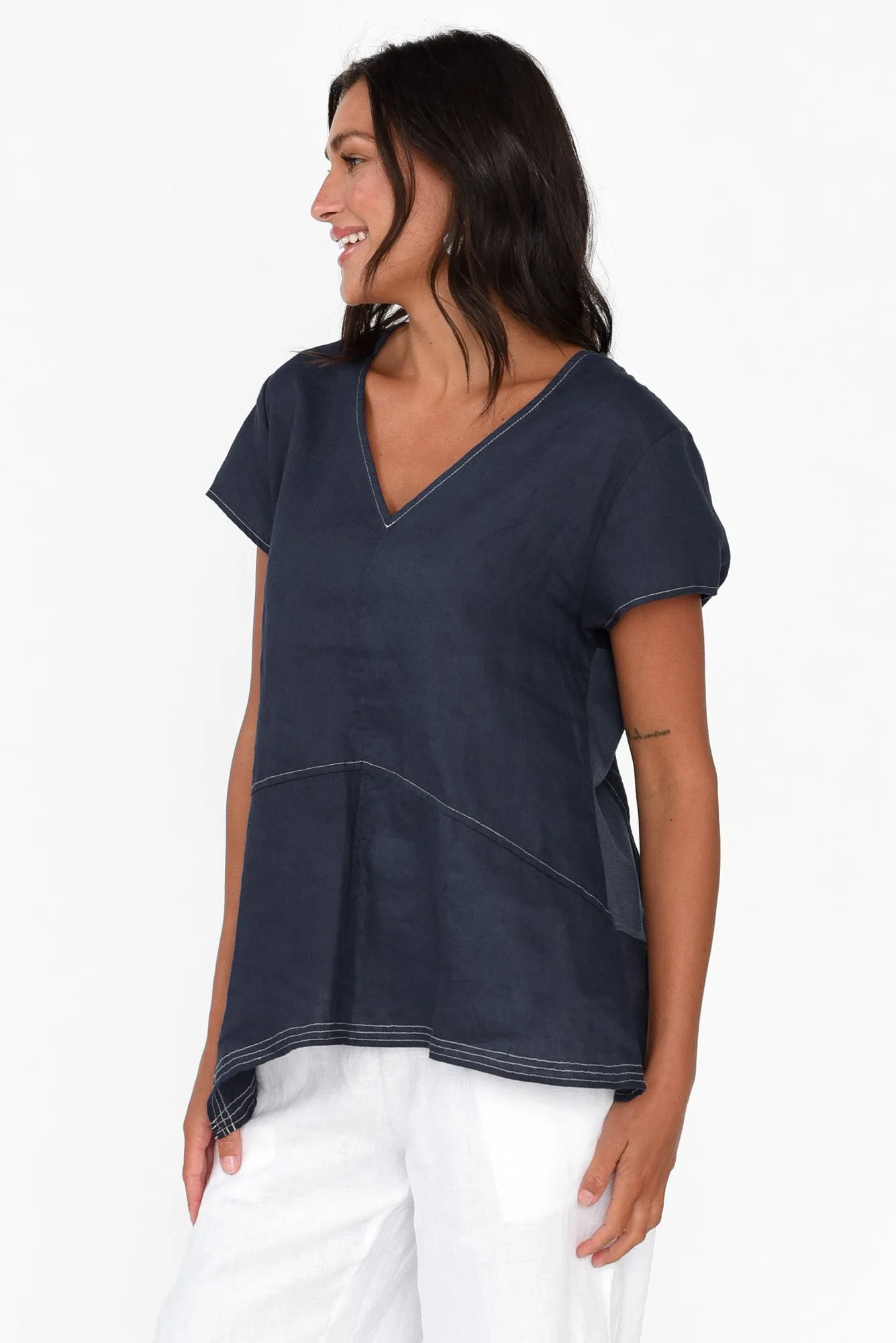 Lindy Navy Linen V Neck Top sold by Blue Bungalow product image thumbnail 3