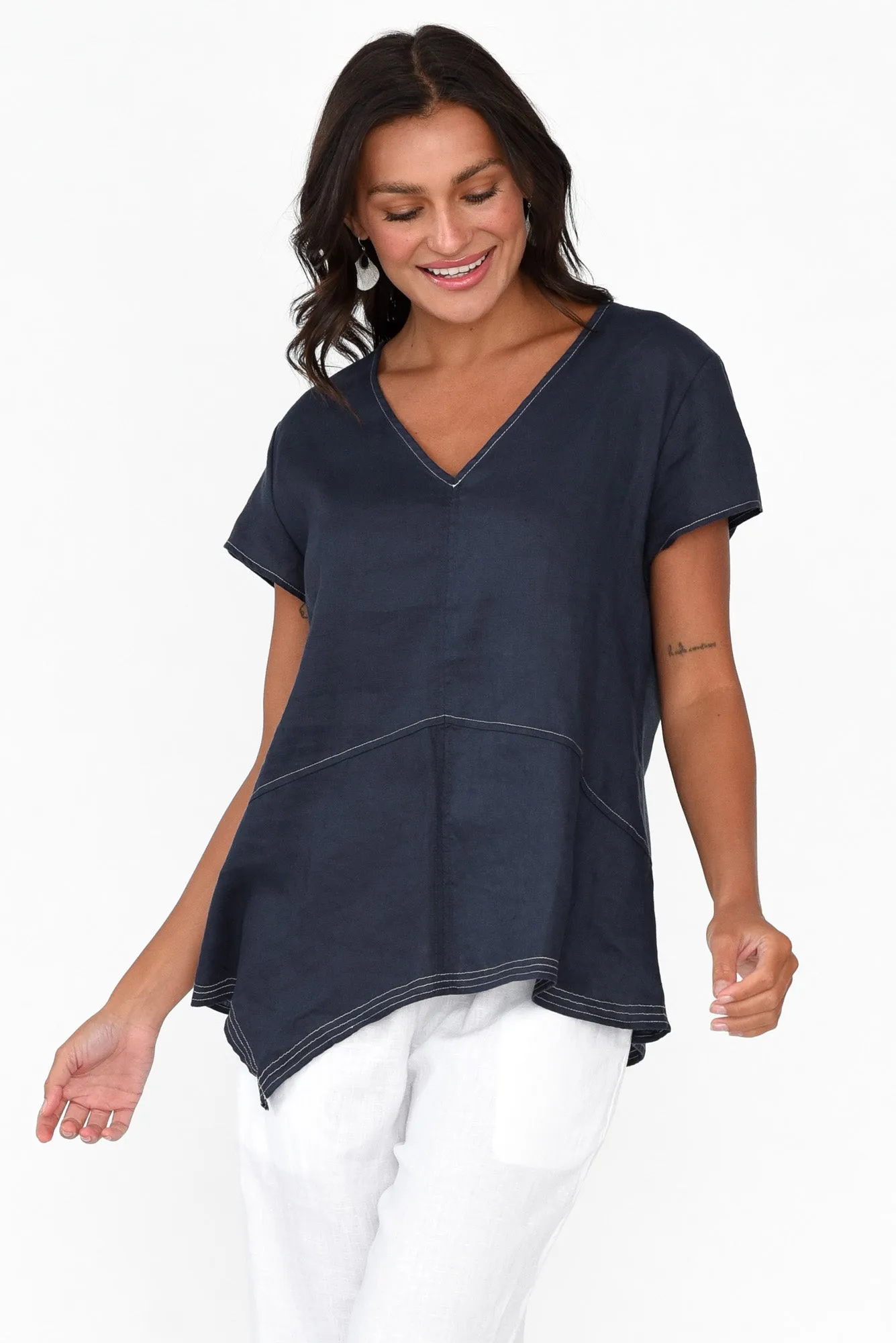 Lindy Navy Linen V Neck Top sold by Blue Bungalow