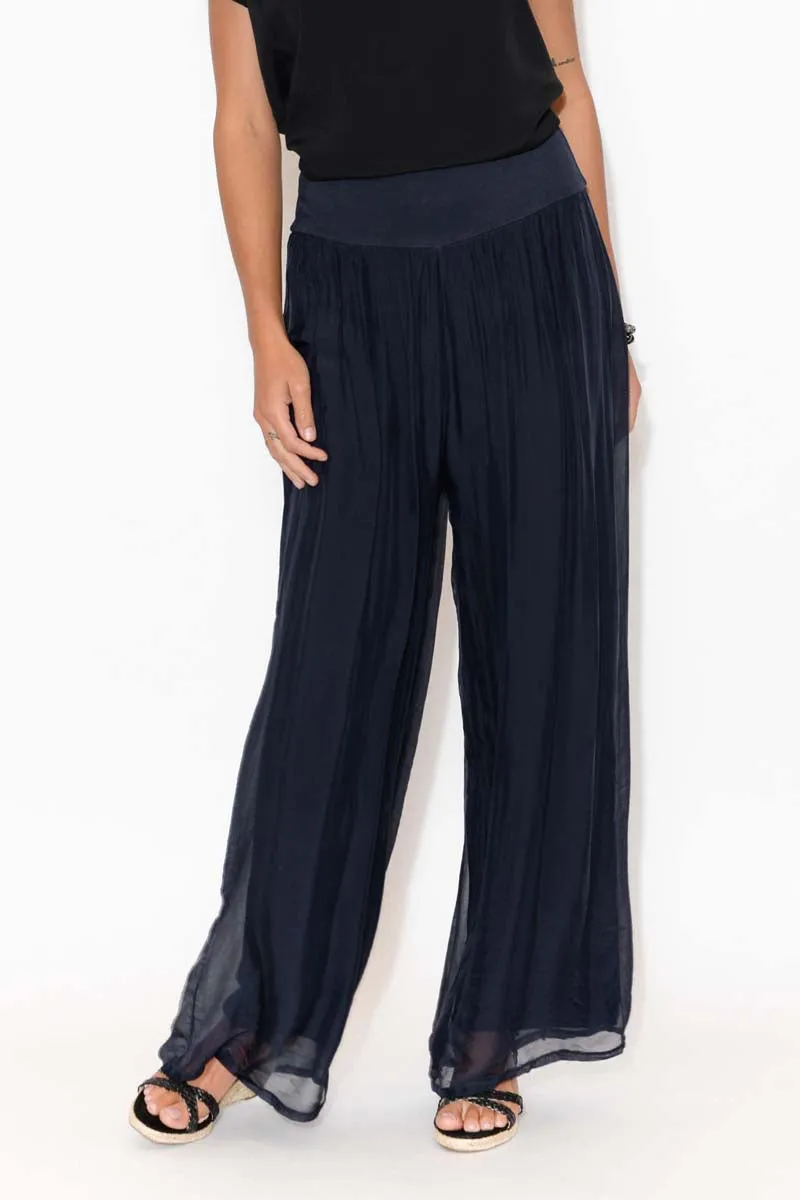 Laurier Navy Silk Wide Leg Pants sold by Blue Bungalow