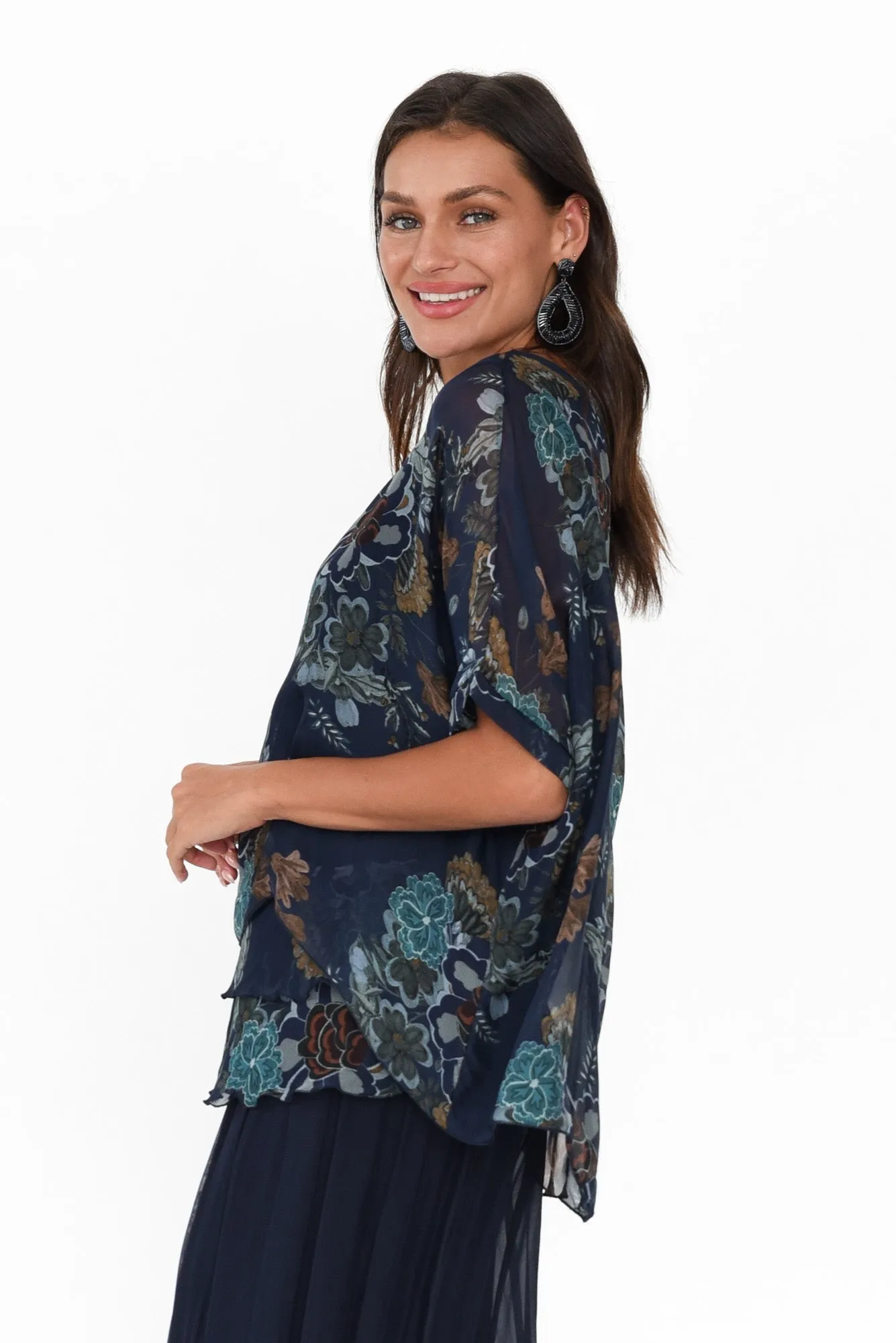 Talia Navy Flower Silk Layer Top sold by Blue Bungalow product image thumbnail 4