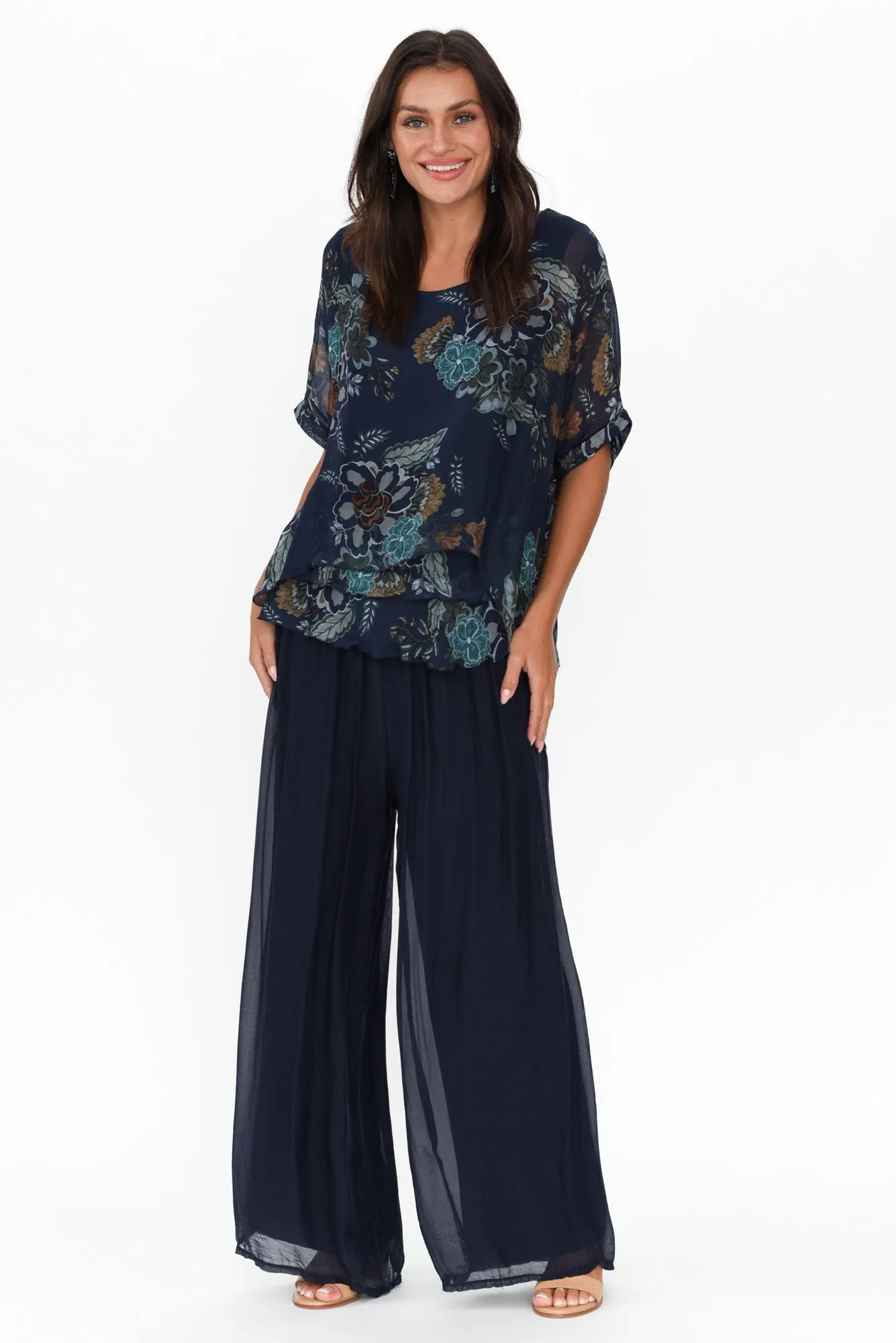 Talia Navy Flower Silk Layer Top sold by Blue Bungalow product image thumbnail 2