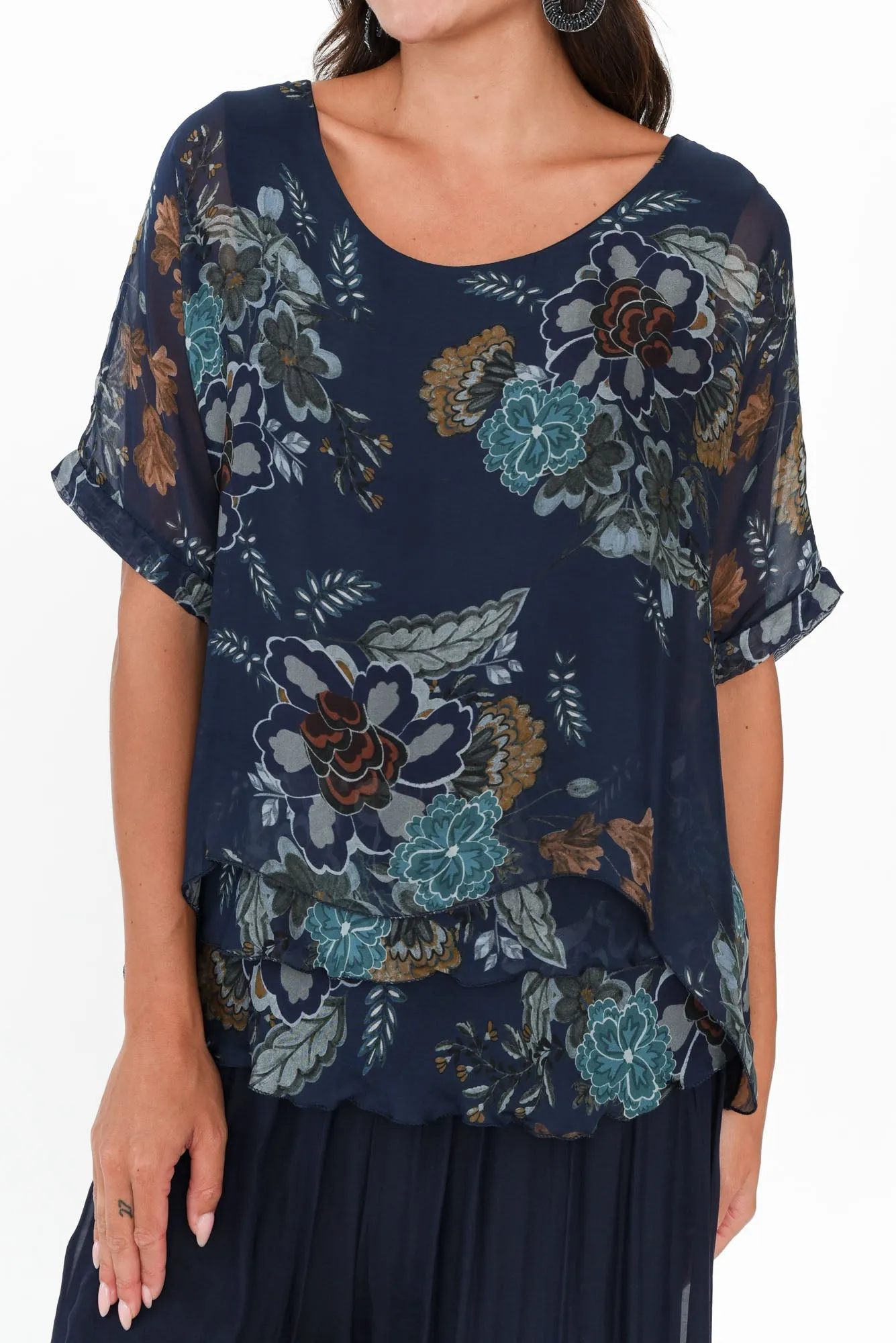 Talia Navy Flower Silk Layer Top sold by Blue Bungalow product image thumbnail 3