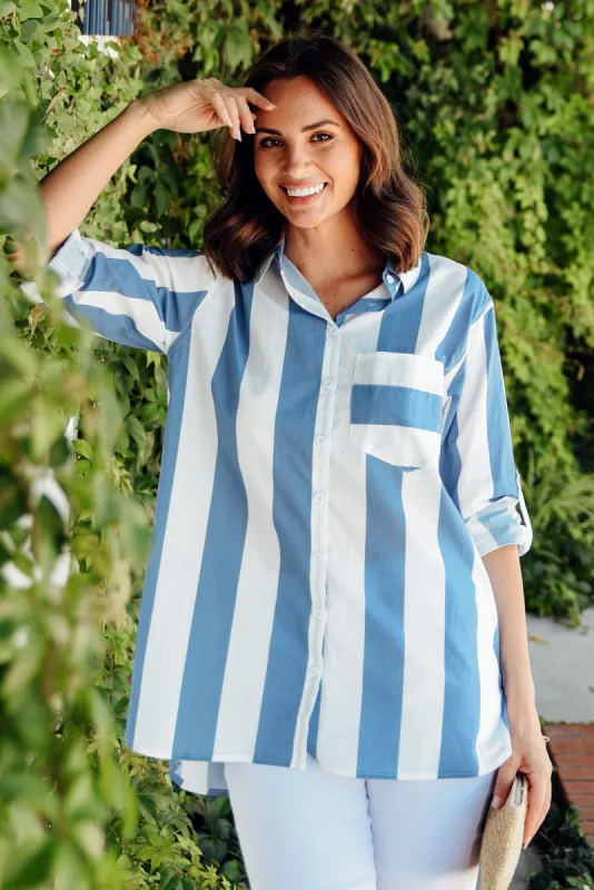Maryann Blue Stripe Cotton Shirt sold by Blue Bungalow